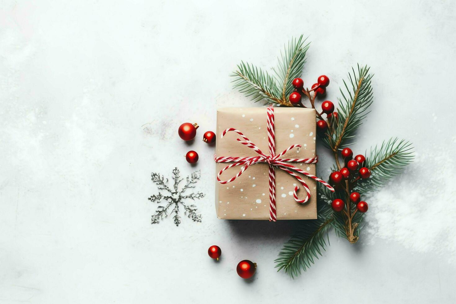 Natal composição com presente caixas, cartão bolas abeto galhos pinho cones com cópia de espaço. Natal de ai gerado foto