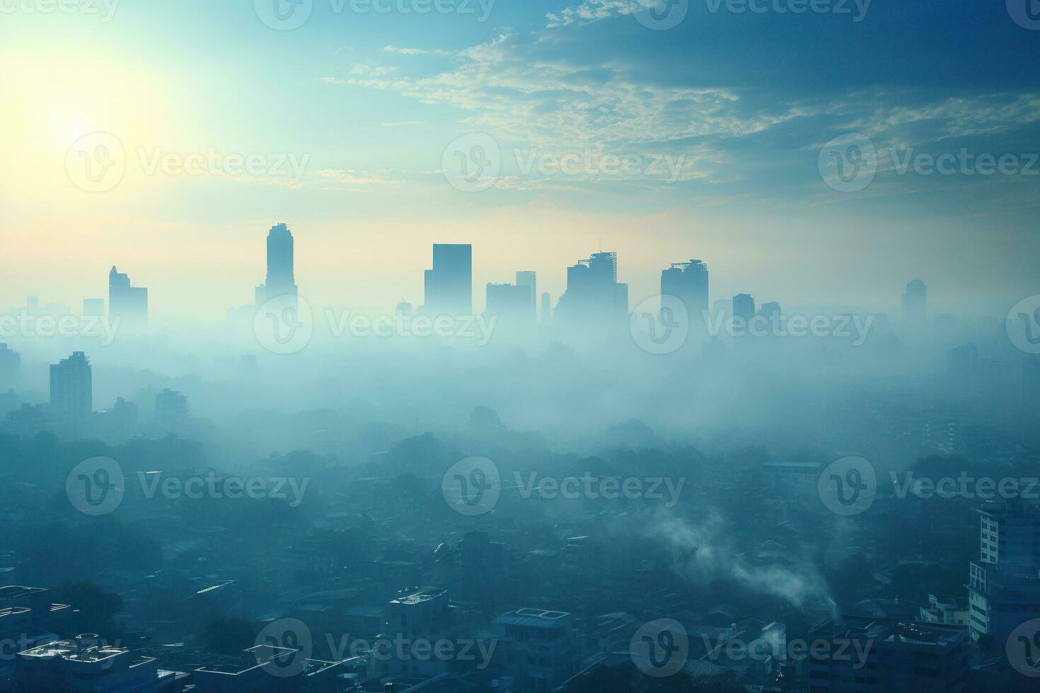 ai gerado a cidade é imerso dentro smog e névoa. ar poluição a partir de aquecimento. gerado de artificial inteligência foto