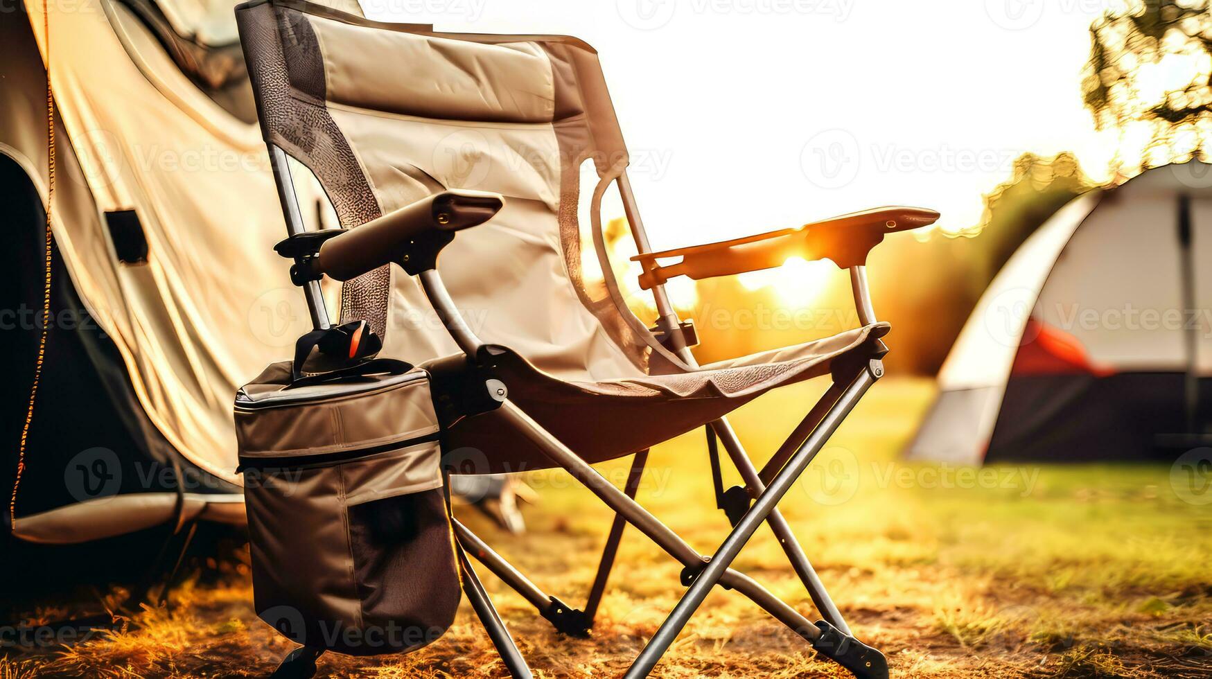 ai gerado acampamento cadeira e acampamento barraca às pôr do sol. período de férias conceito. foto