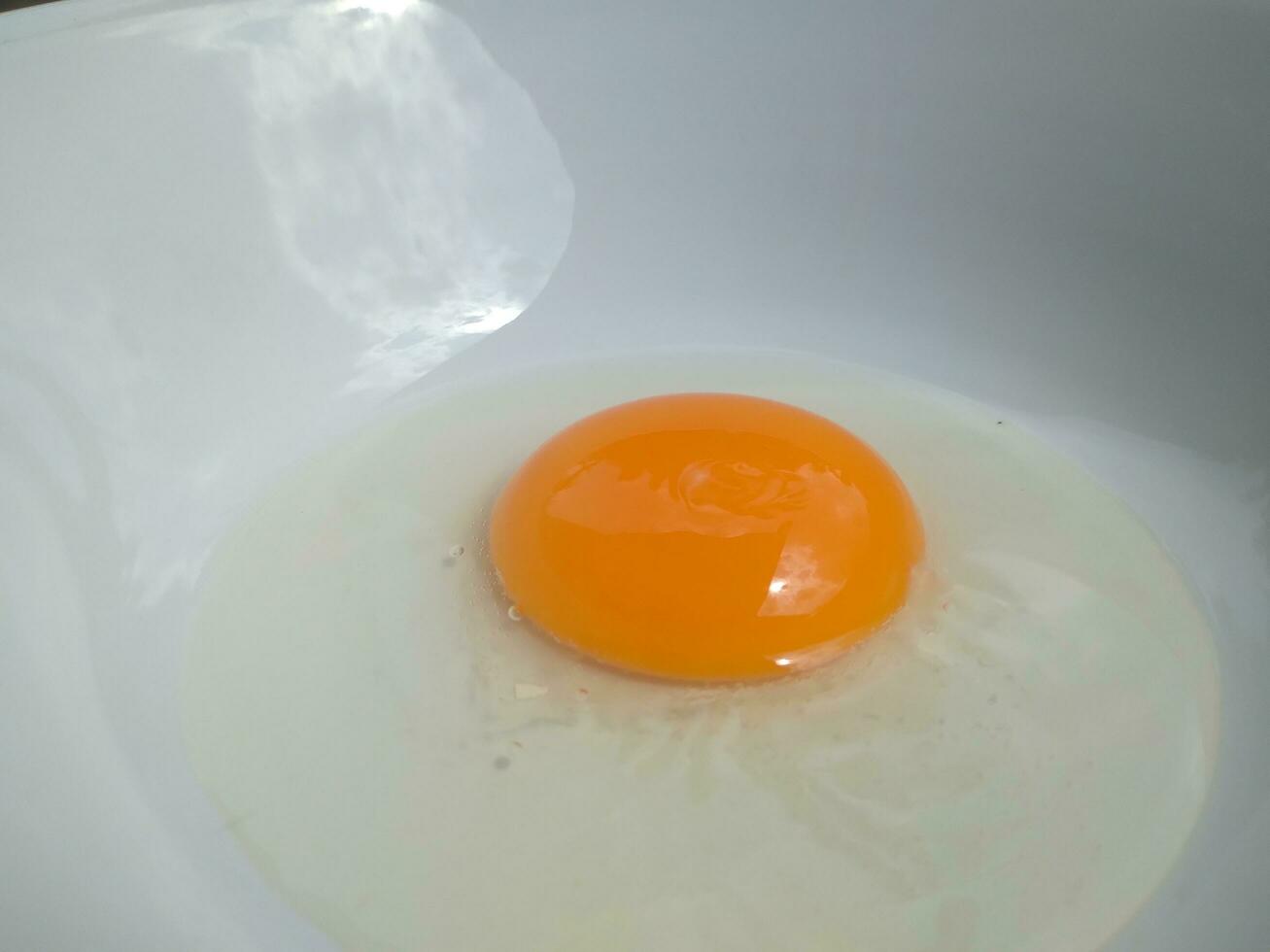 cru ovos, topo Visão do 1 cru ovos gema dentro tigela em isolado branco fundo. foto