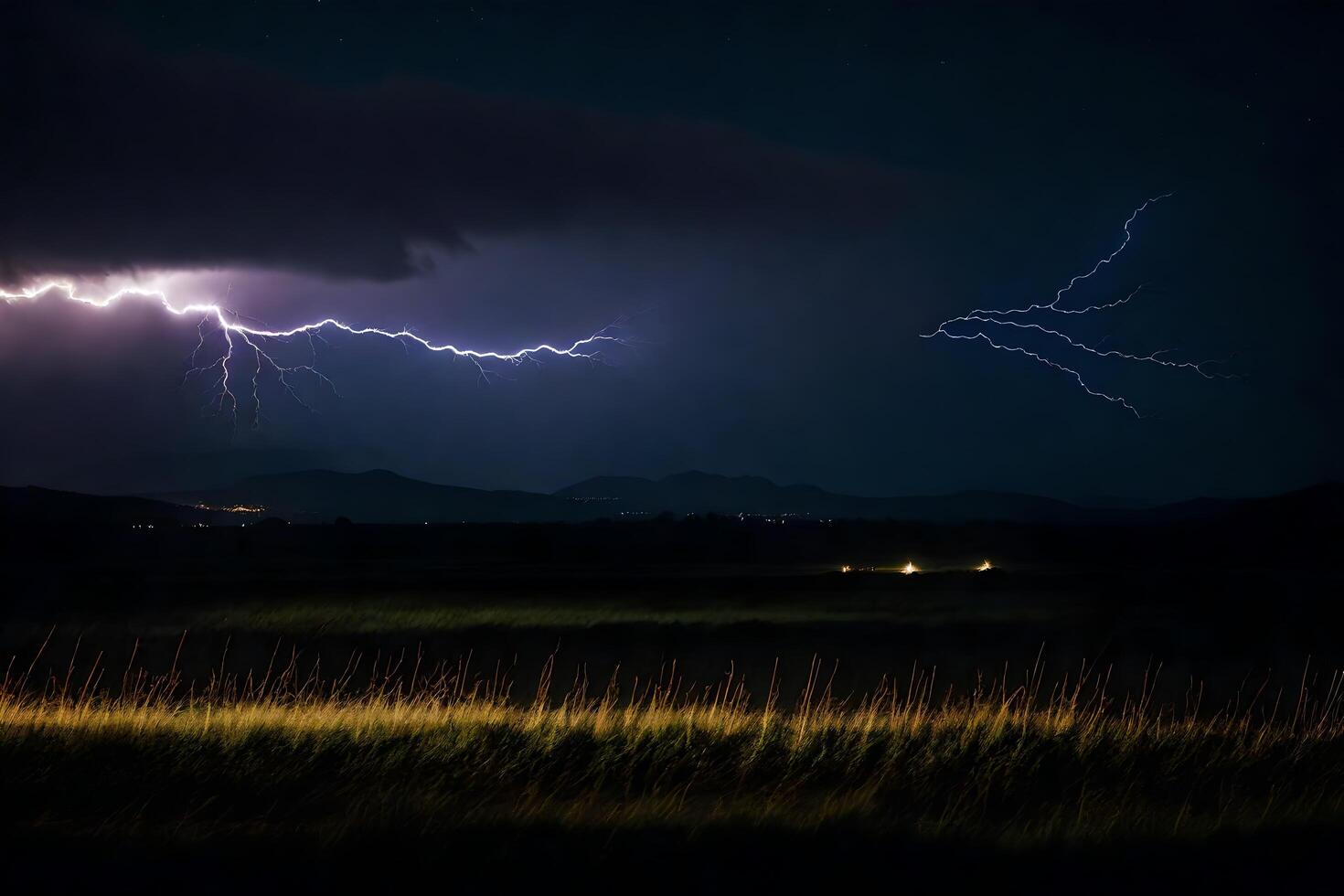 ai gerado relâmpago sobre uma campo com Relva e montanhas dentro a fundo foto