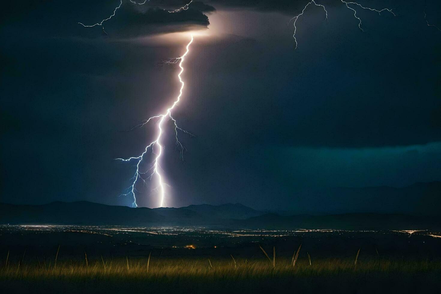 ai gerado uma relâmpago parafuso é visto dentro a céu sobre uma campo foto