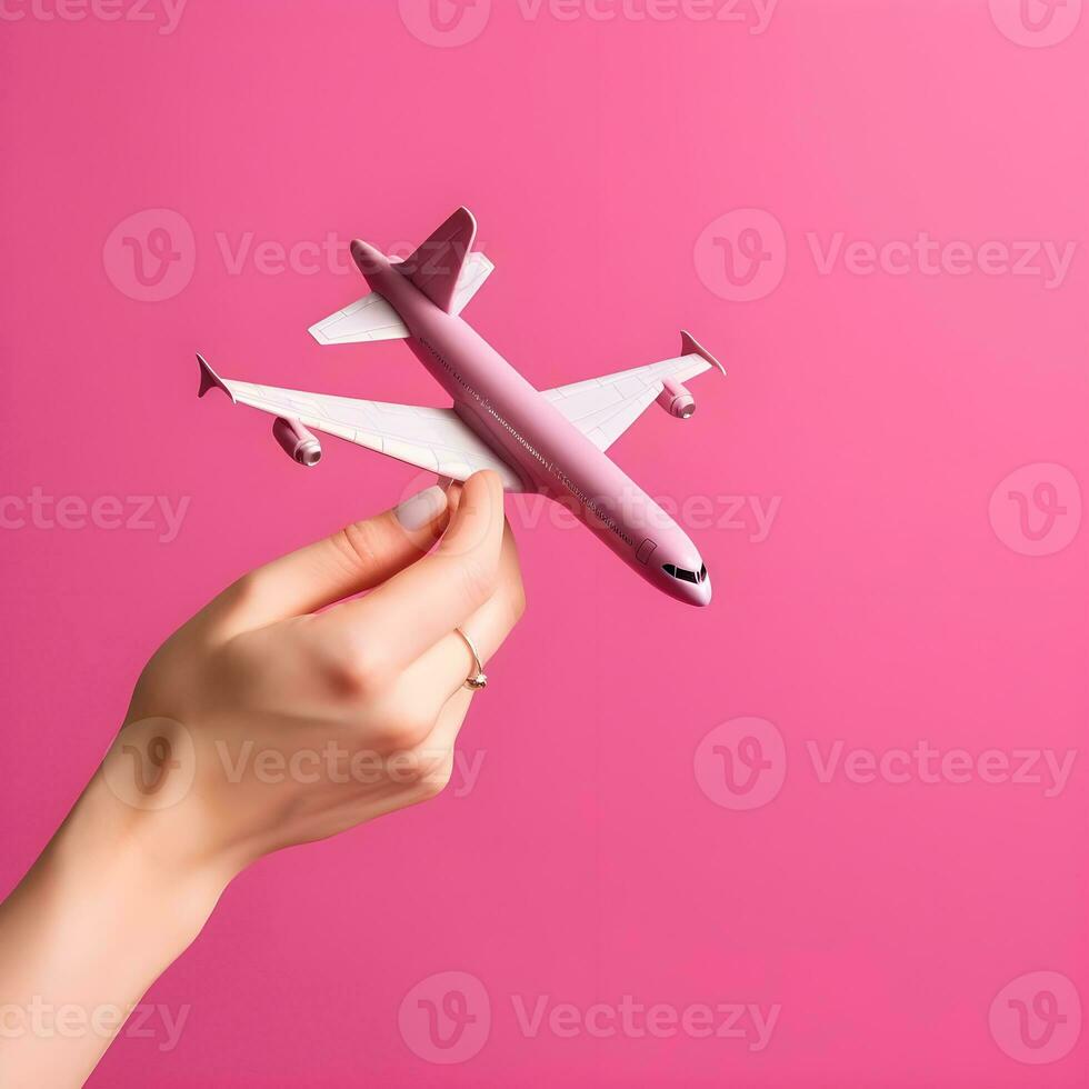 ai gerado mão segurando branco modelo avião em Rosa fundo foto