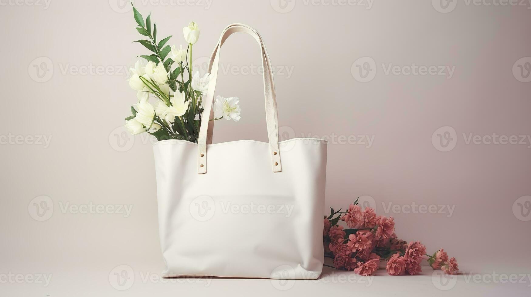 ai gerado generativo ai, eco Bolsa cheio do flores, branco carregar saco zombar acima em neutro fundo foto