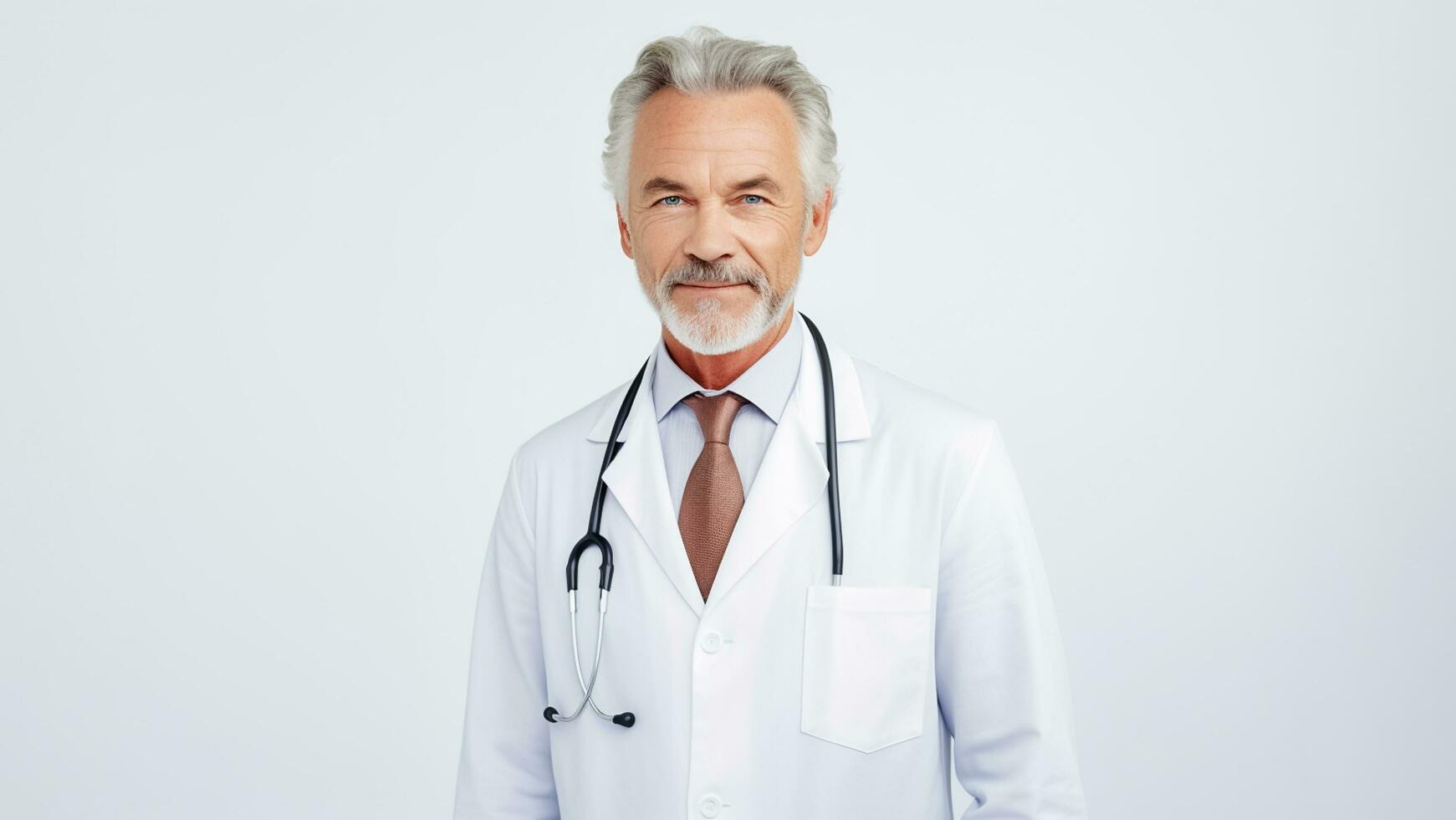 ai gerado assistência médica, conceito. retrato do Senior masculino médico sorridente, posando em cinzento background.ai gerado foto