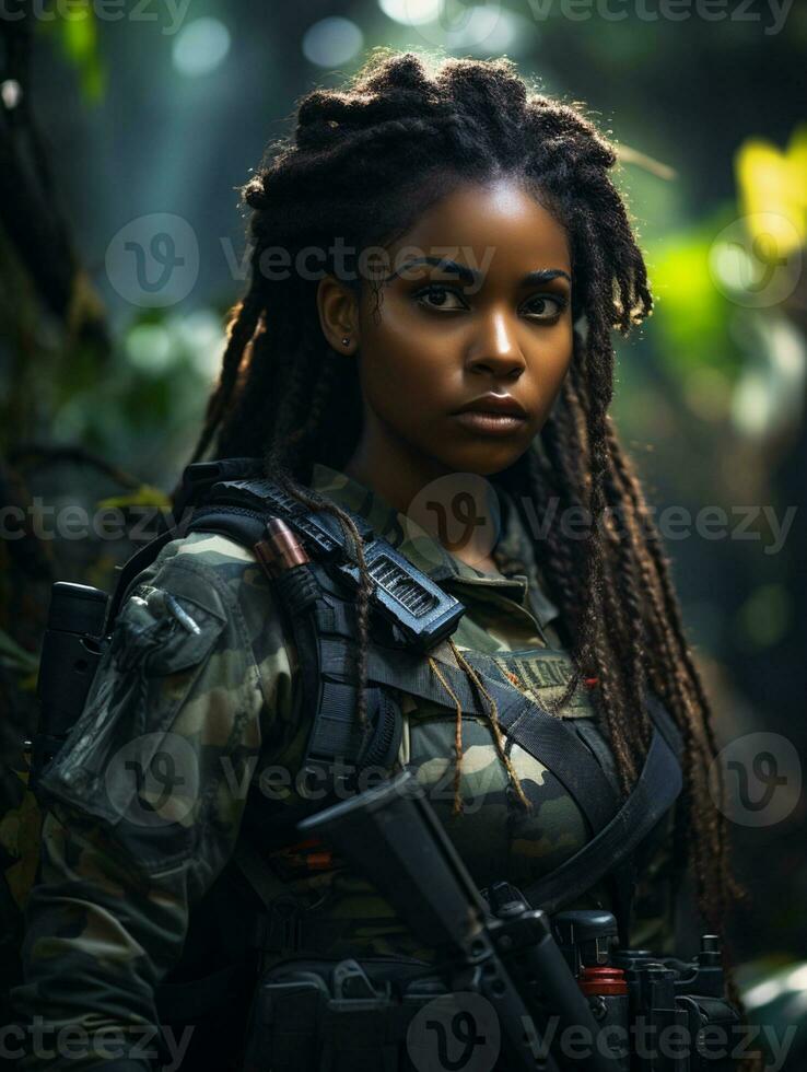 ai gerado pele escura jovem menina dentro cheio comprimento militares uniforme com arma dentro mão dentro a selva. alimentado de artificial inteligência. foto