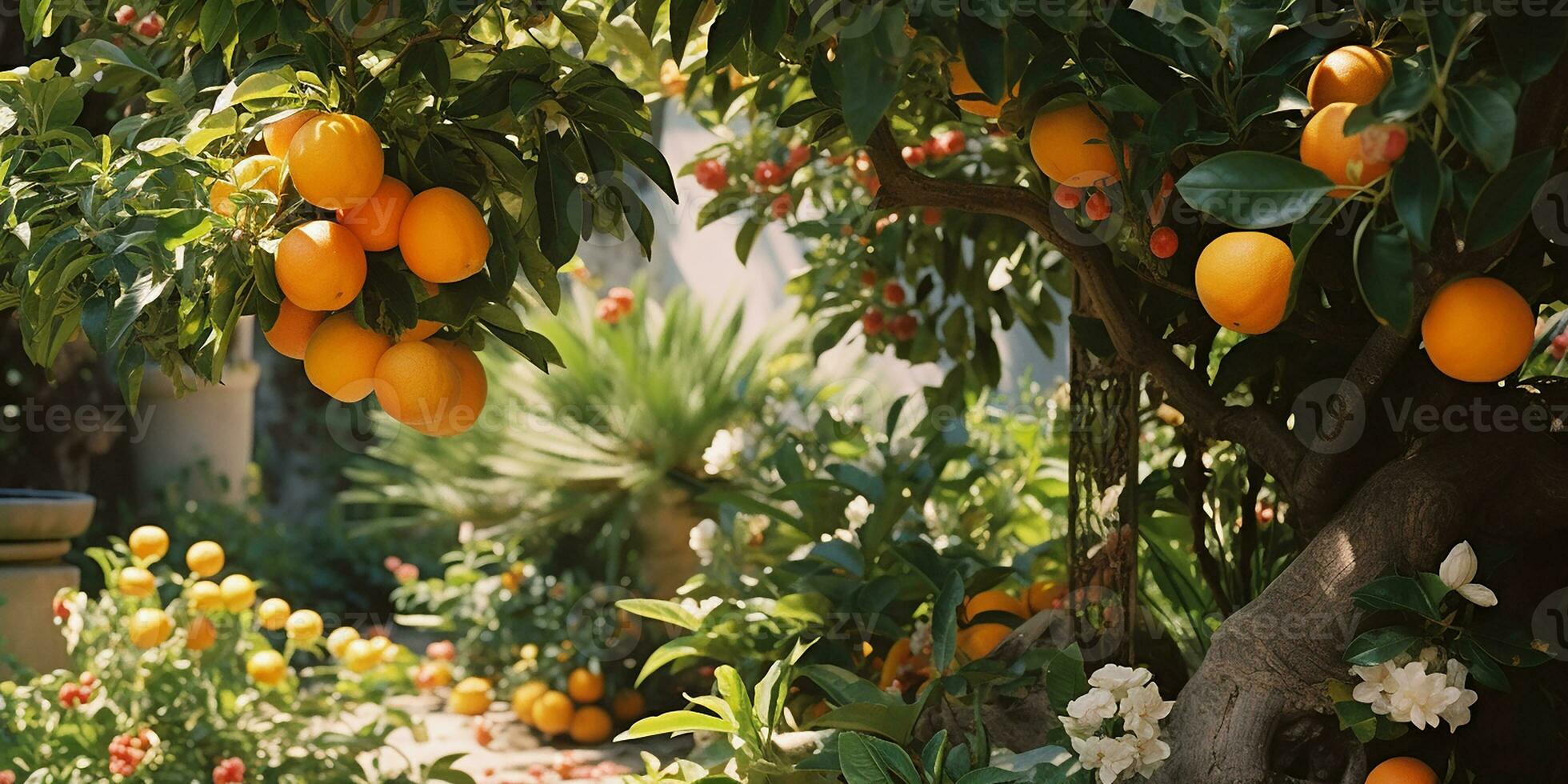 ai gerado lindo jardim com laranja árvores maduro frutas. colheita estação laranjas, tangerinas, toranjas foto