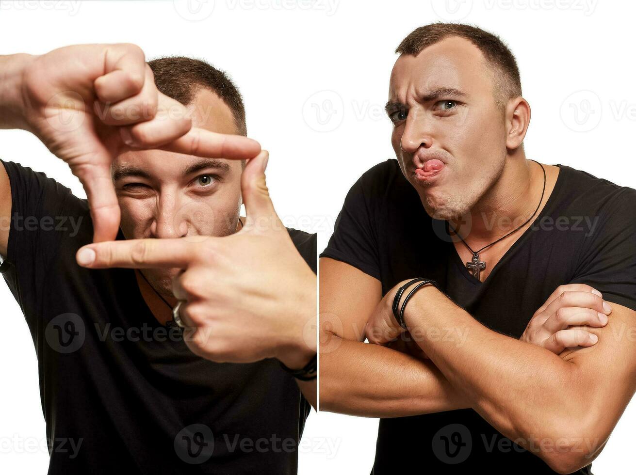 Atlético jovem homem posando e olhando às a Câmera, isolado em uma branco fundo foto