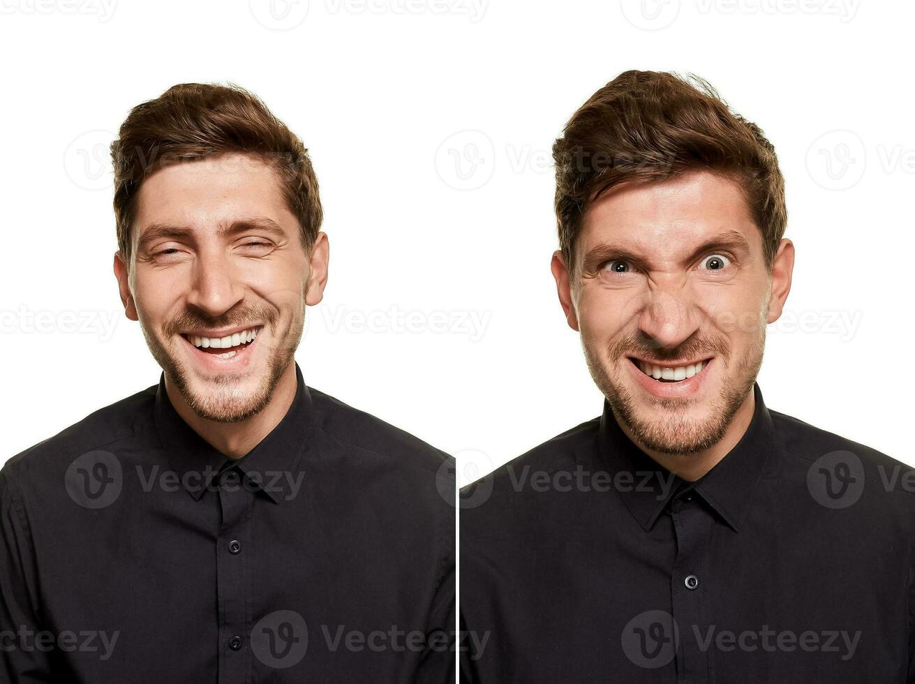 bonito homem dentro uma Preto camisa faz rostos, em pé contra uma branco fundo foto