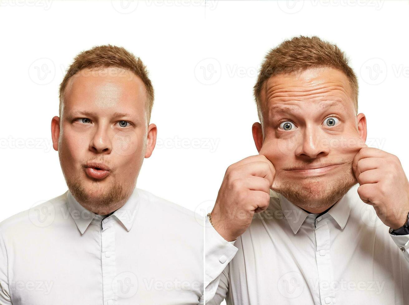 estúdio retrato do jovem fazendo careta homem dentro branco foto