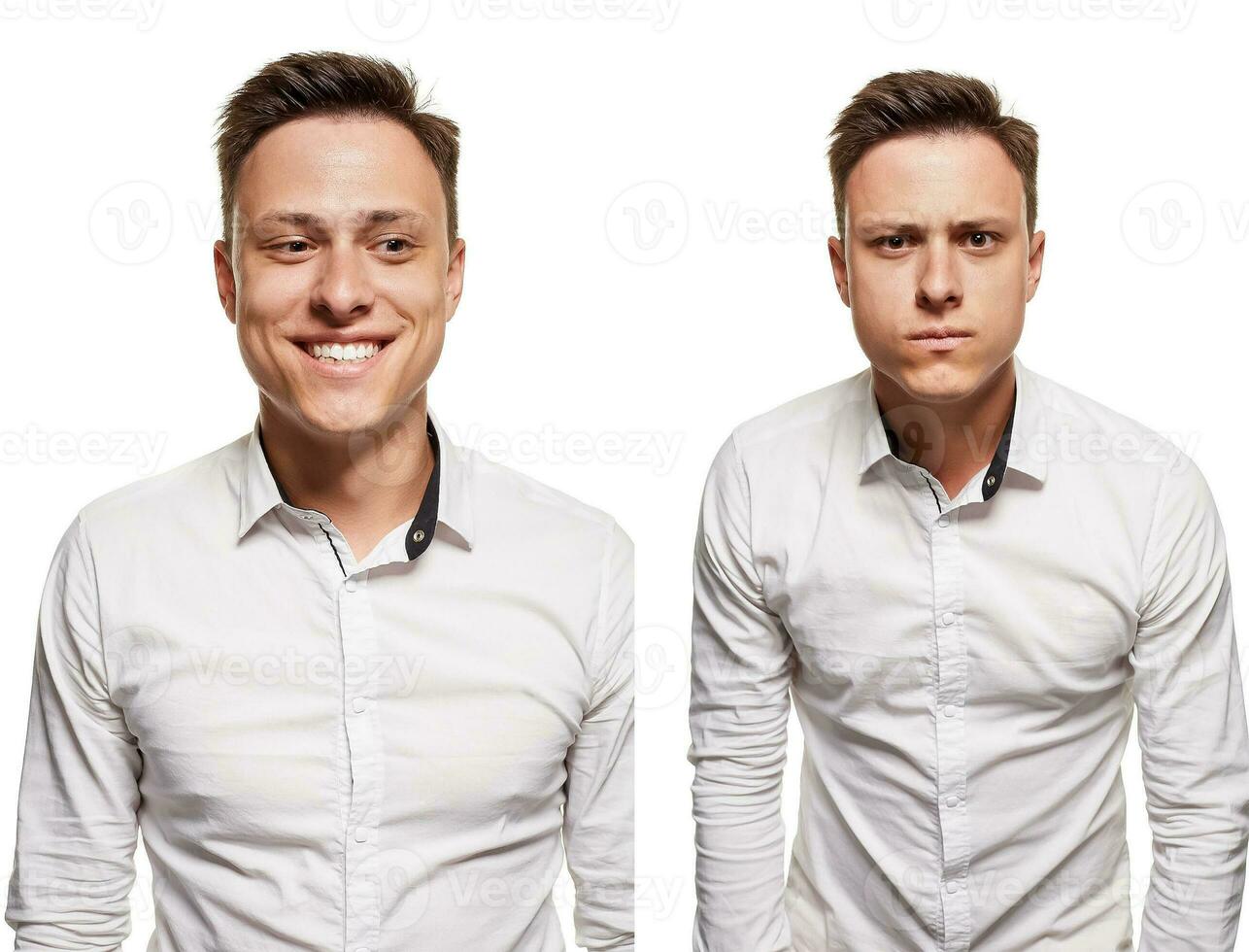 jovem homem com a expressivo face, vestindo branco camisa, isolado em branco fundo foto