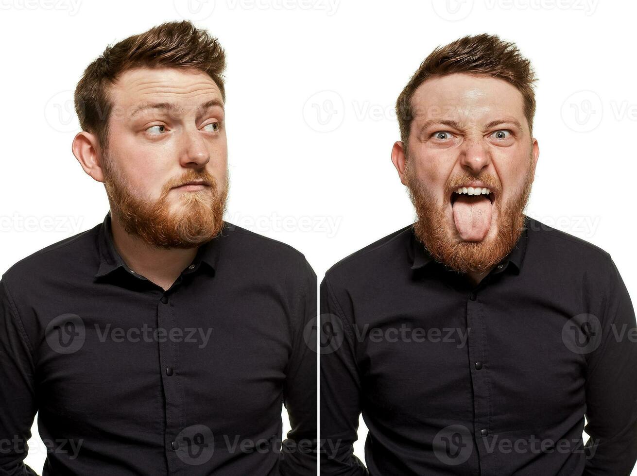 brutal, atraente, barbudo homem poses dentro uma Preto camisa, isolado em uma branco fundo foto