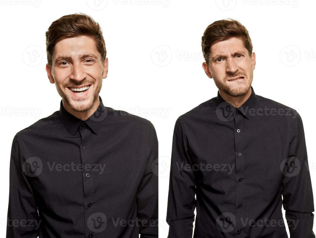 bonito homem dentro uma Preto camisa faz rostos, em pé contra uma branco fundo foto