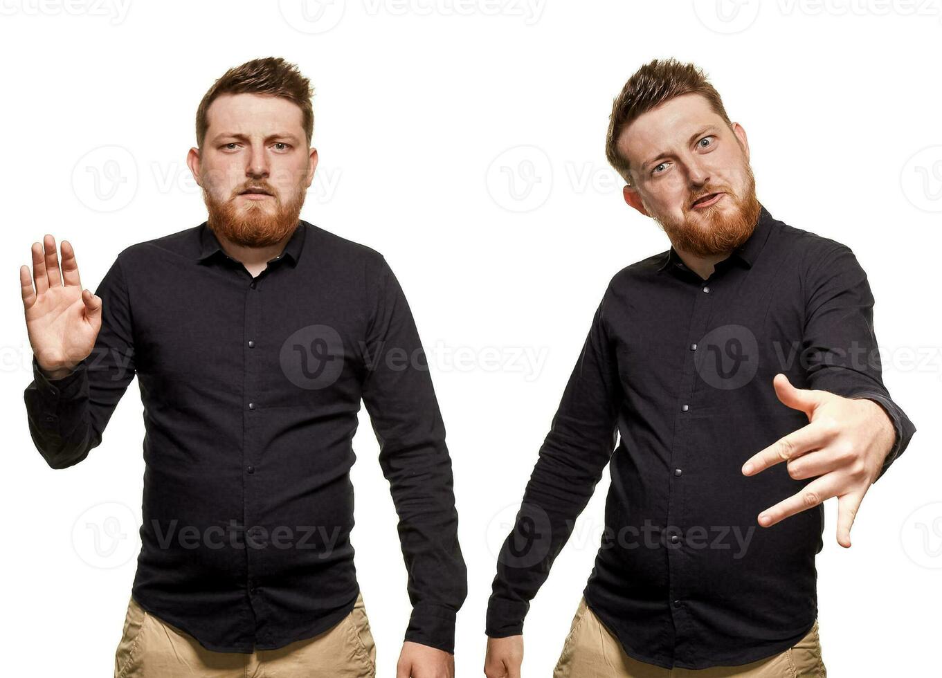 brutal, atraente, barbudo homem poses dentro uma Preto camisa, isolado em uma branco fundo foto