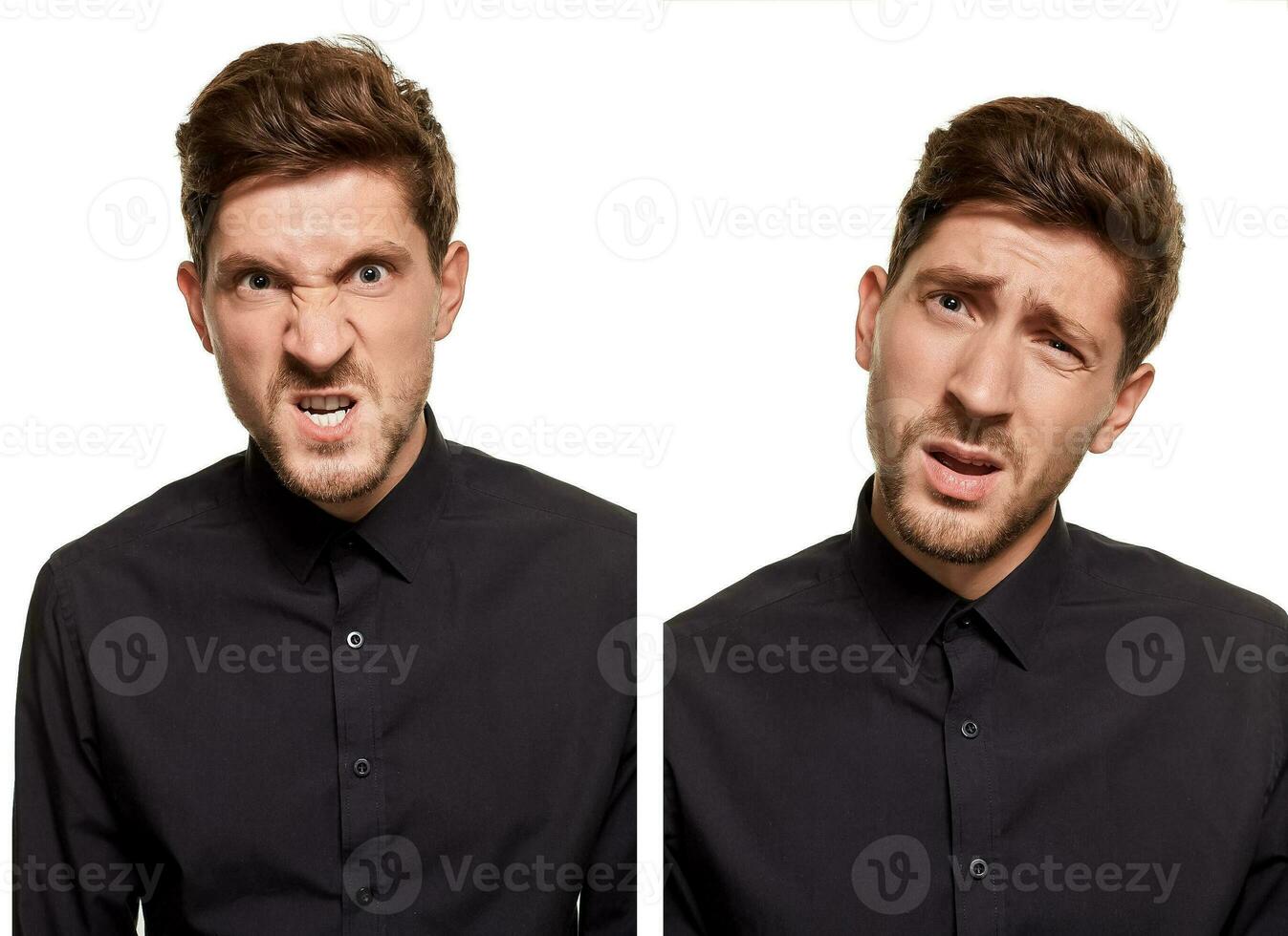 bonito homem dentro uma Preto camisa faz rostos, em pé contra uma branco fundo foto