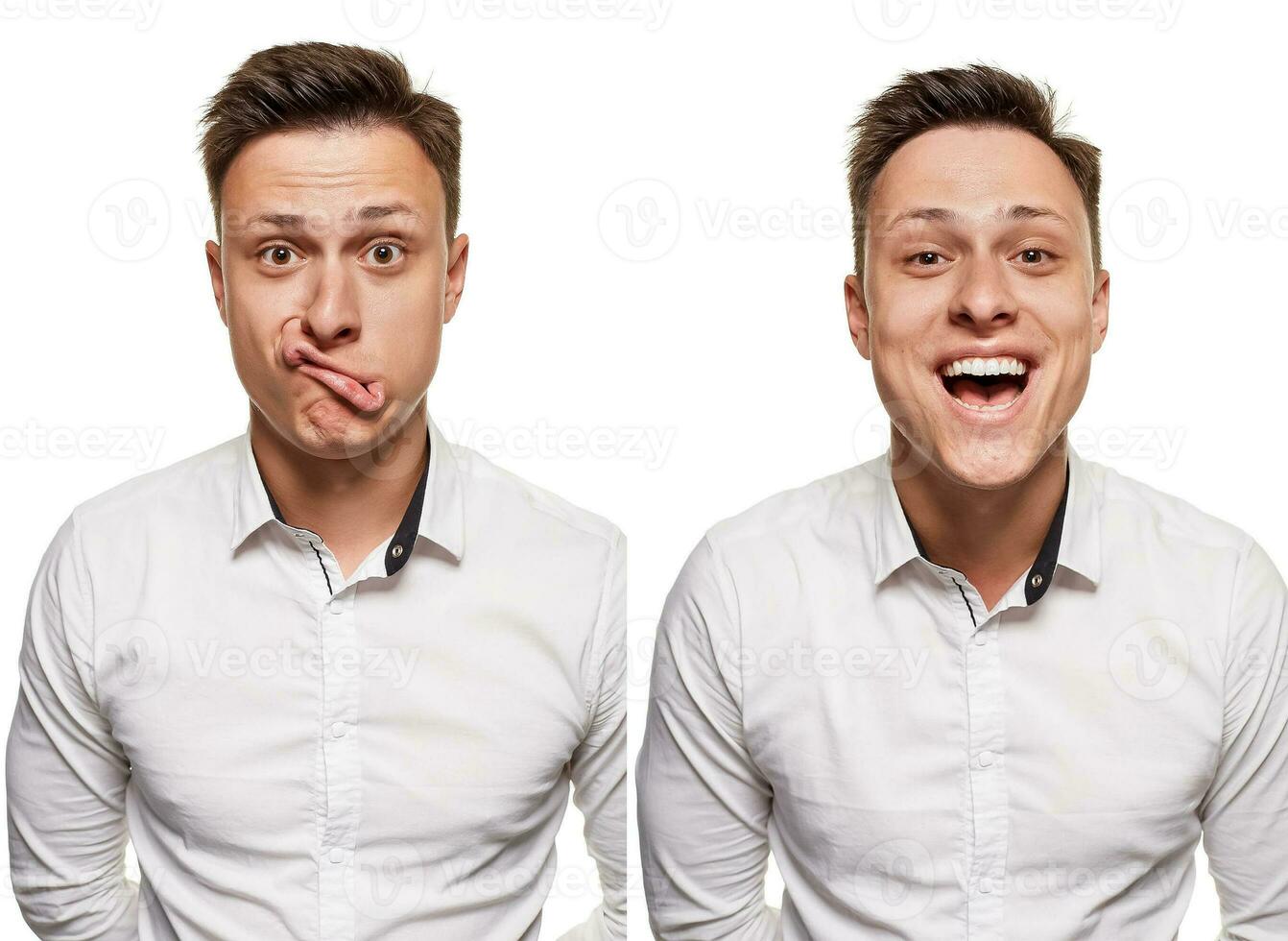 jovem homem com a expressivo face, vestindo branco camisa, isolado em branco fundo foto