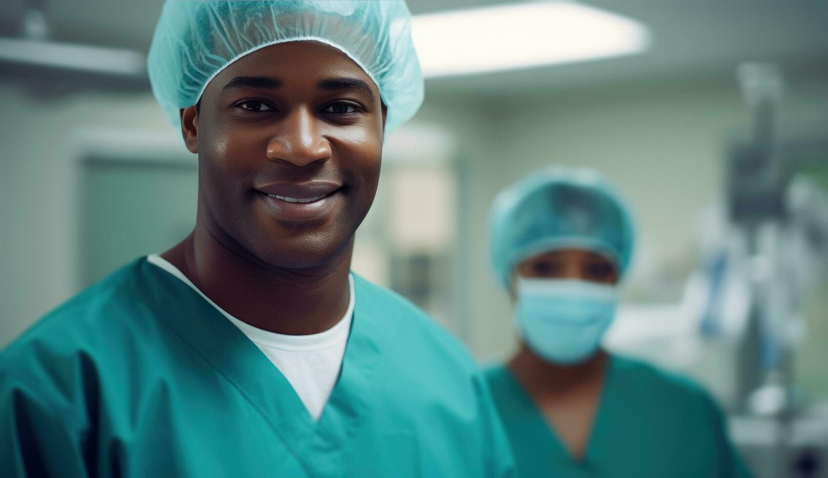 ai gerado uma masculino médico dentro uma cirúrgico uniforme com a ajudante dentro a fundo foto
