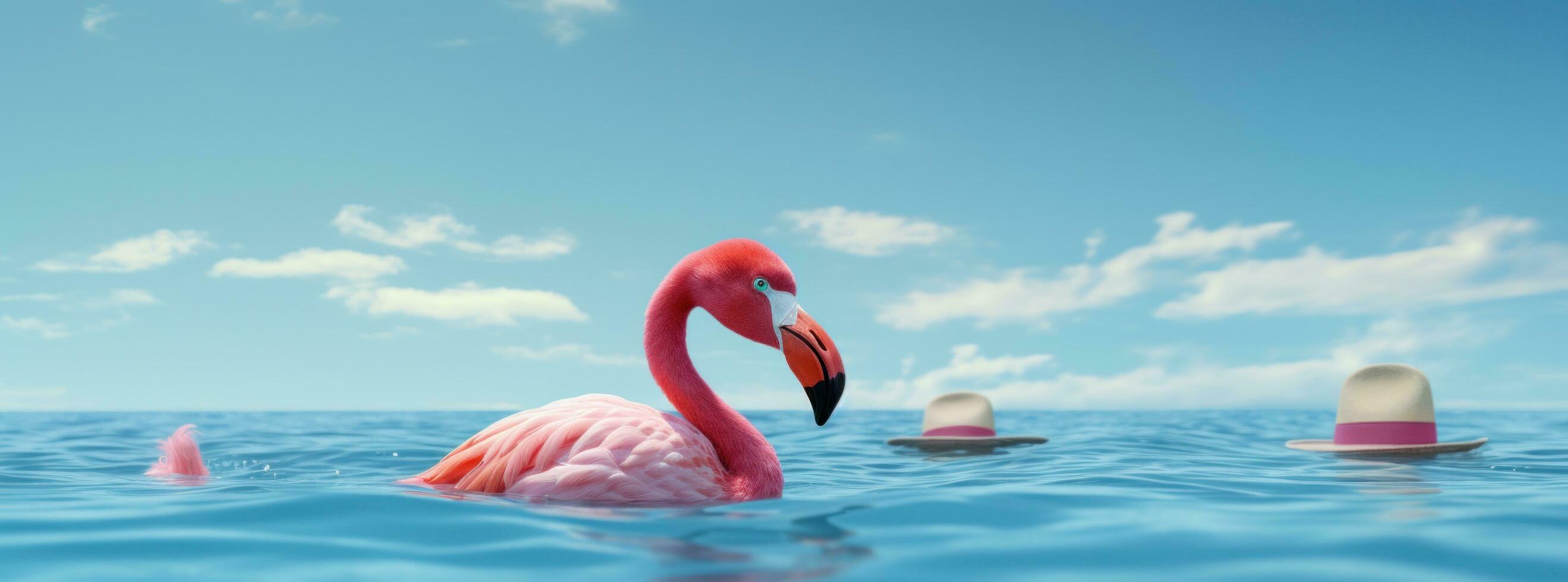 ai gerado a flamingo dentro dele chapéu, natação dentro a mar foto