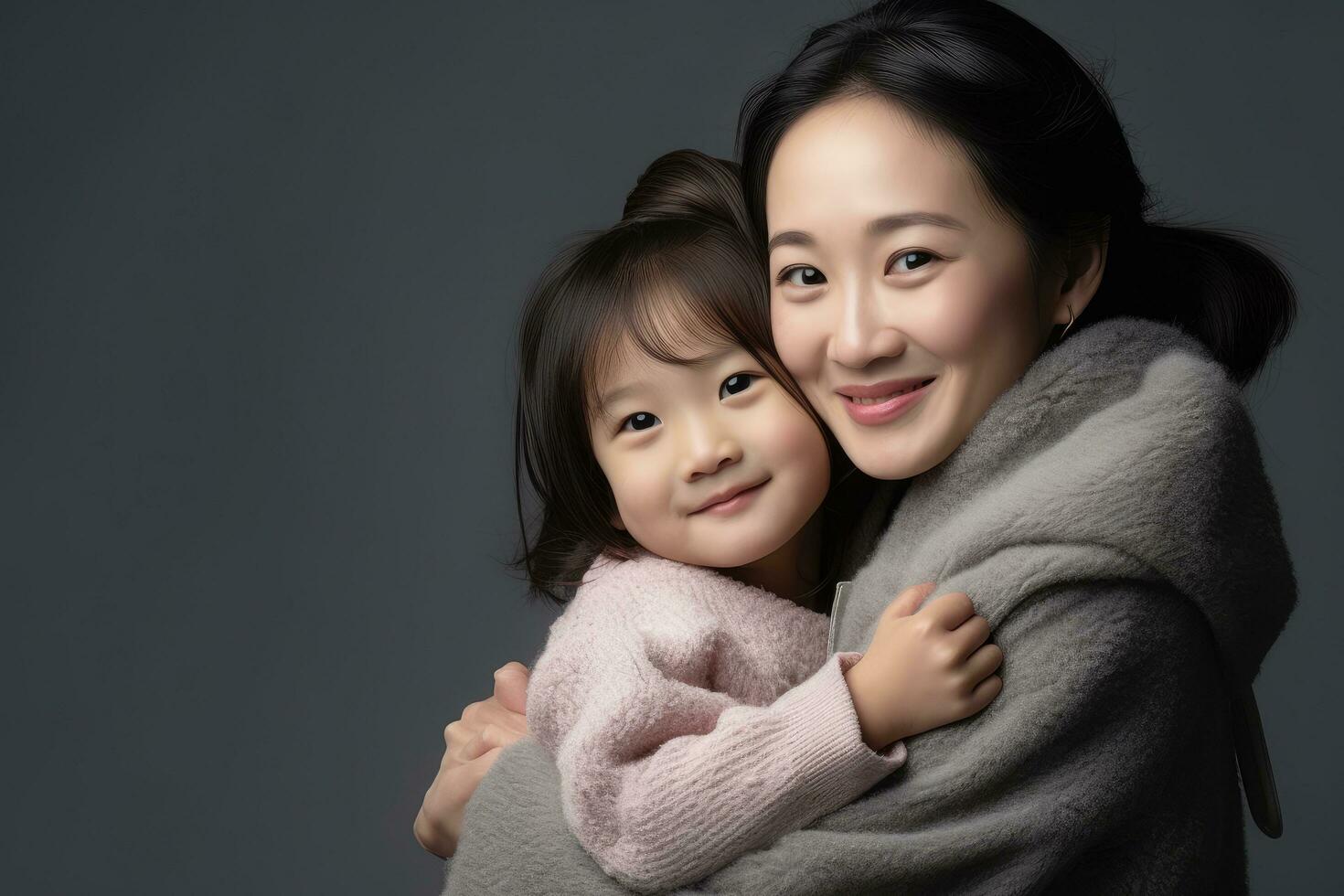 ai gerado retrato do feliz ásia mãe e filha abraçando cada de outros em cinzento fundo, uma alegre ásia criança pequena filha abraçando dela feliz mãe isolado em cinza, ai gerado foto