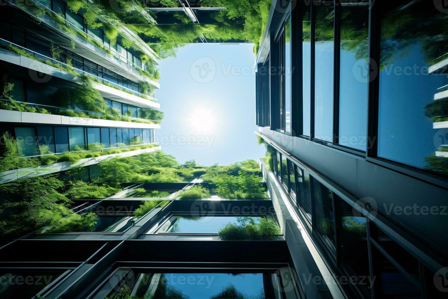 ai gerado ecológico construção dentro a moderno cidade. sustentável vidro escritório construção com árvore para reduzindo carbono dióxido. escritório construção com verde ambiente. corporativo construção reduzir co2. foto