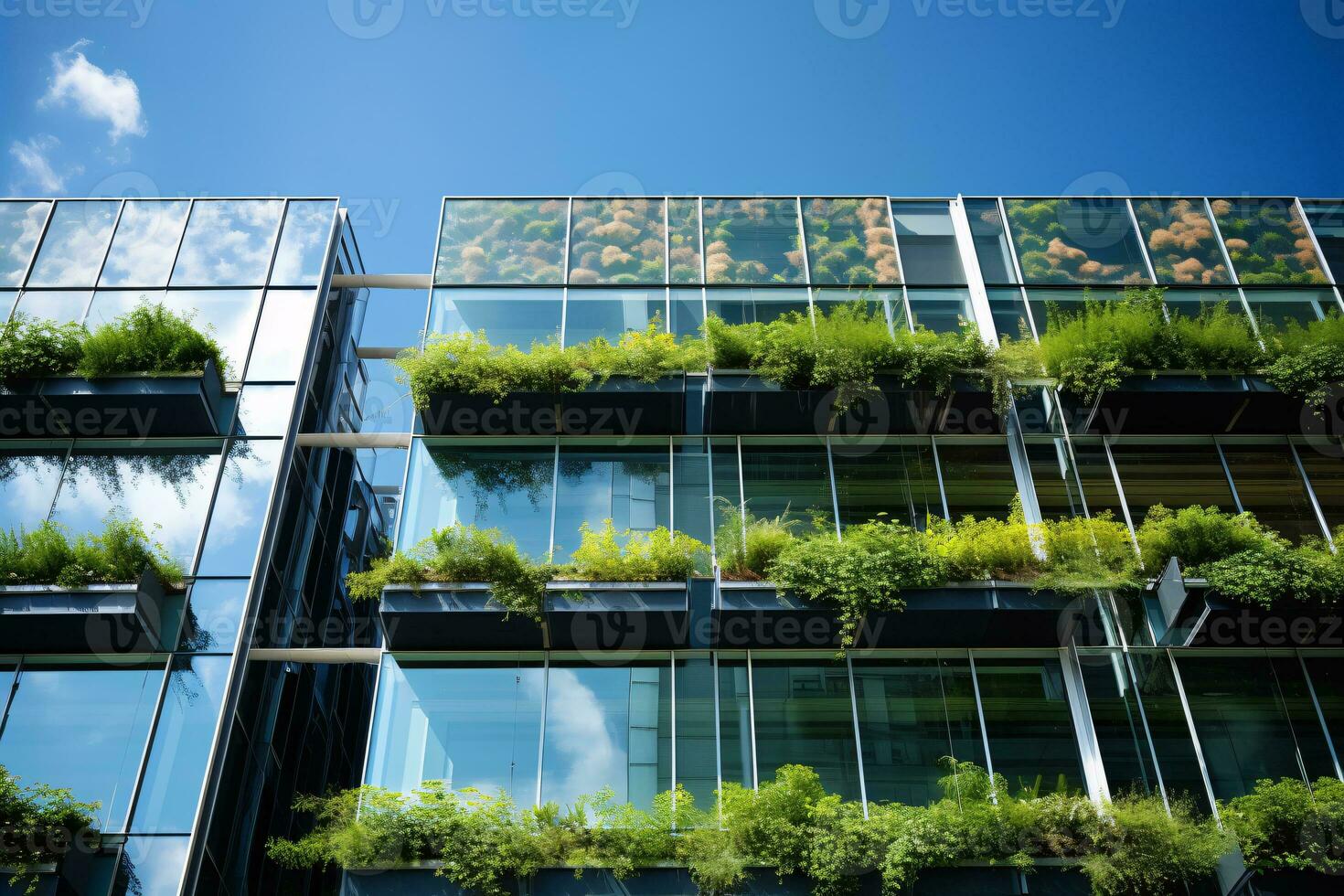 ai gerado ecológico construção dentro a moderno cidade. sustentável vidro escritório construção com árvore para reduzindo carbono dióxido. escritório construção com verde ambiente. corporativo construção reduzir co2. foto