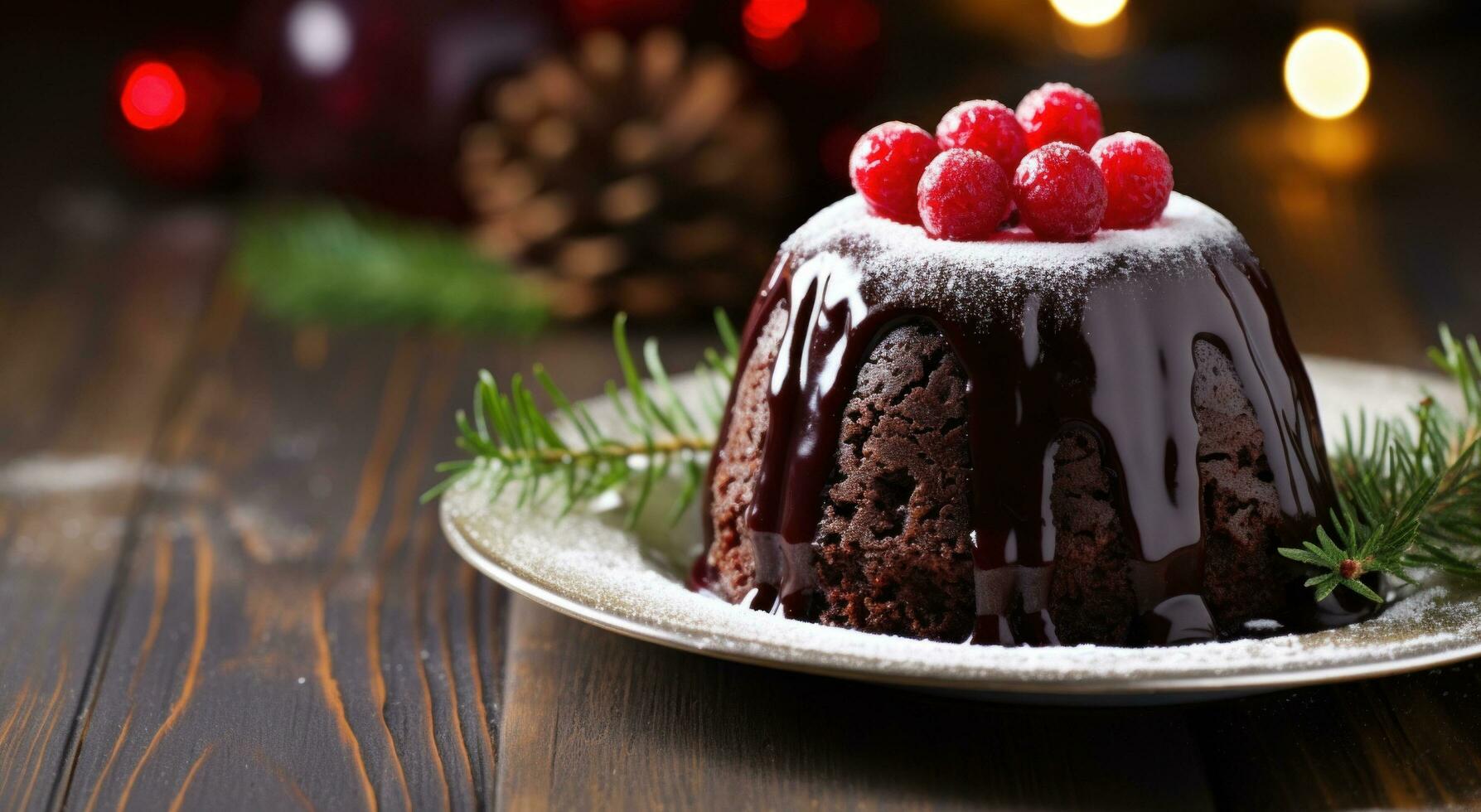 ai gerado chocolate Natal pudim em uma de madeira superfície foto