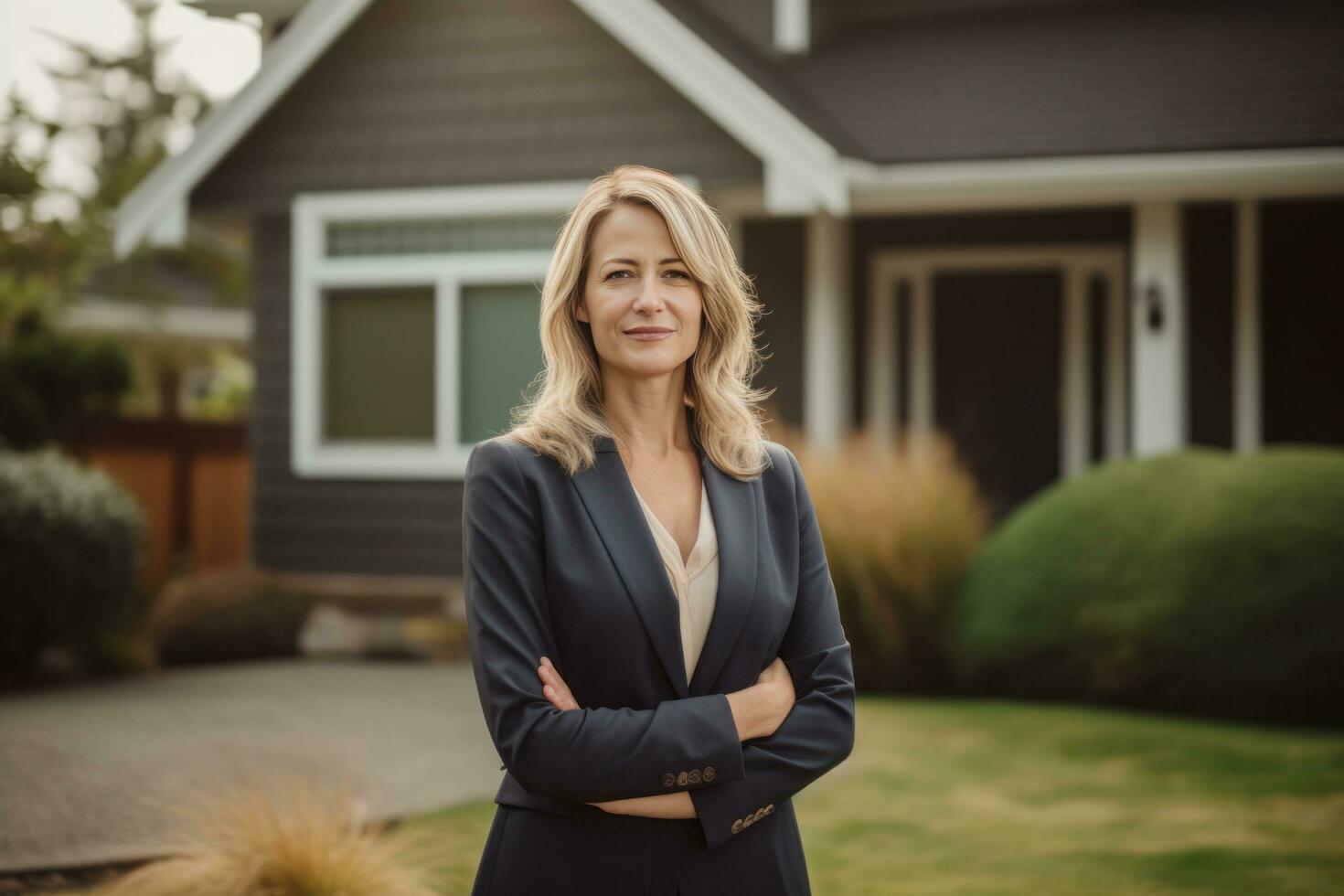 ai gerado mulher dentro o negócio terno em pé dentro frente do casa depois de assinatura uma contrato foto