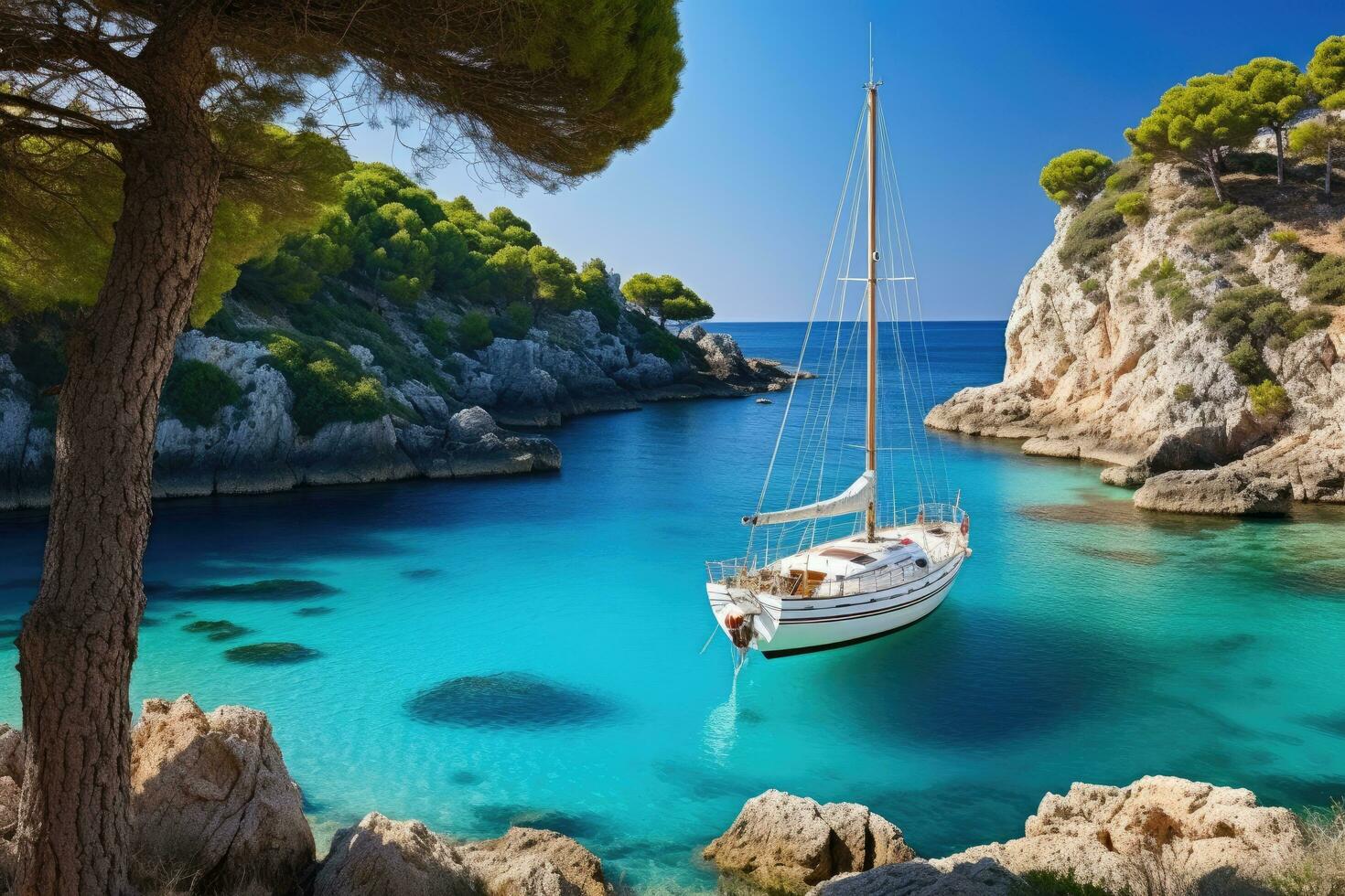 ai gerado Navegando iate em turquesa Mediterrâneo mar dentro calanques, França, lindo de praia com uma Navegando barco iate, cala macarela, Menorca ilha, Espanha, ai gerado foto