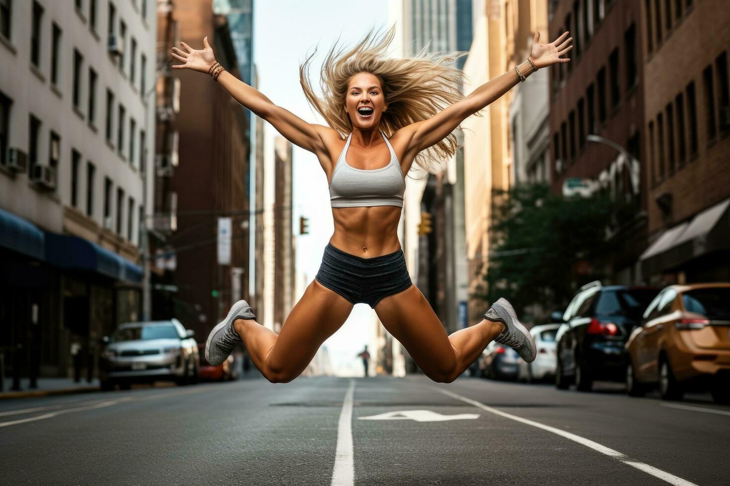 ai gerado lindo desportivo mulher pulando em a rua dentro Novo Iorque cidade, uma ginástica menina pulando em a rua com braços esticado fora, exibindo detalhado músculos, ai gerado foto