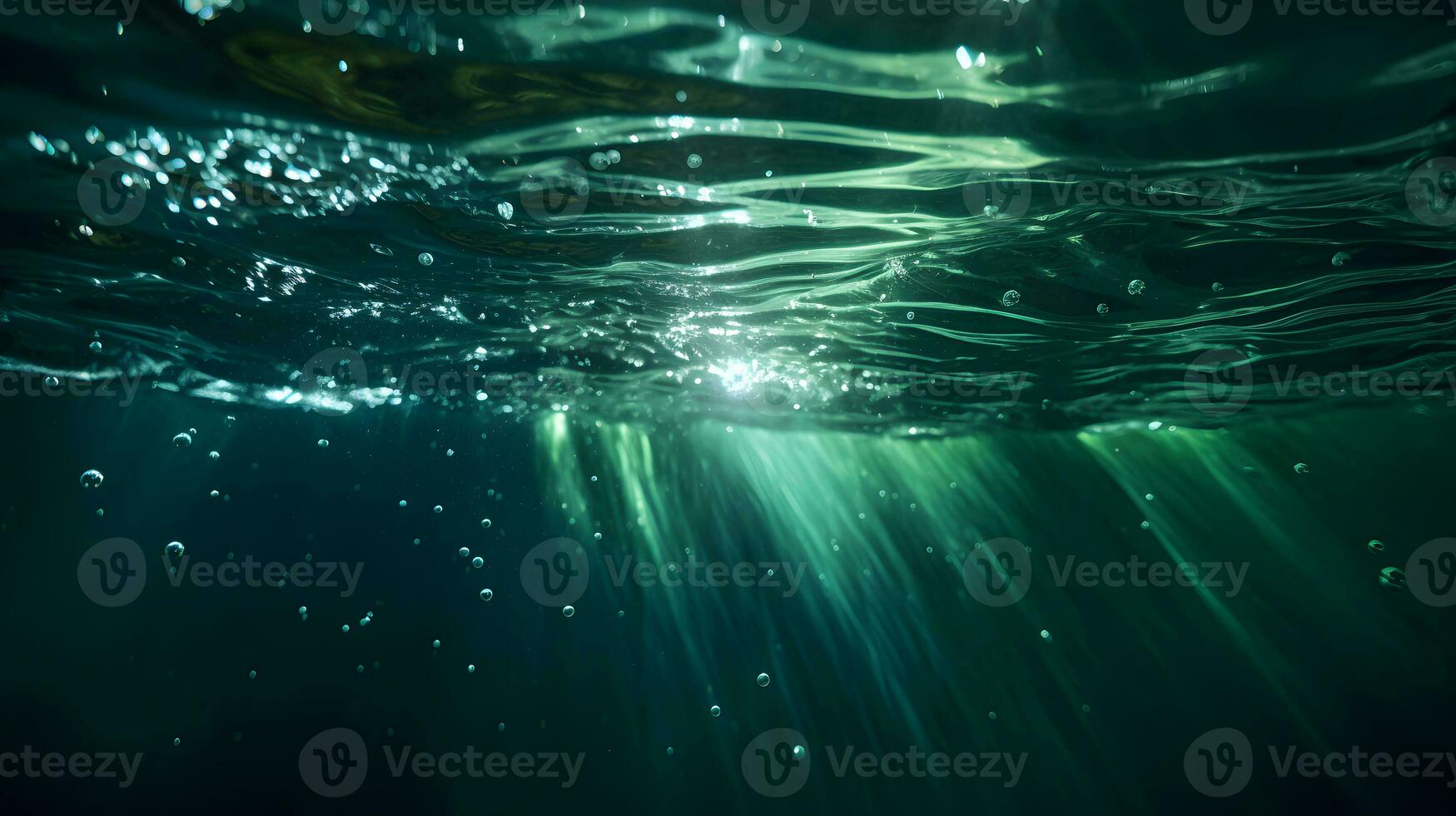 ai gerado embaixo da agua Visão do a mar superfície com raios solares e bolhas foto