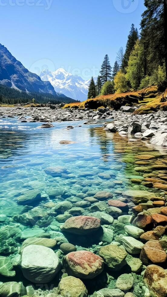 ai gerado montanha lago com Claro água e coberto de neve picos dentro a fundo. foto