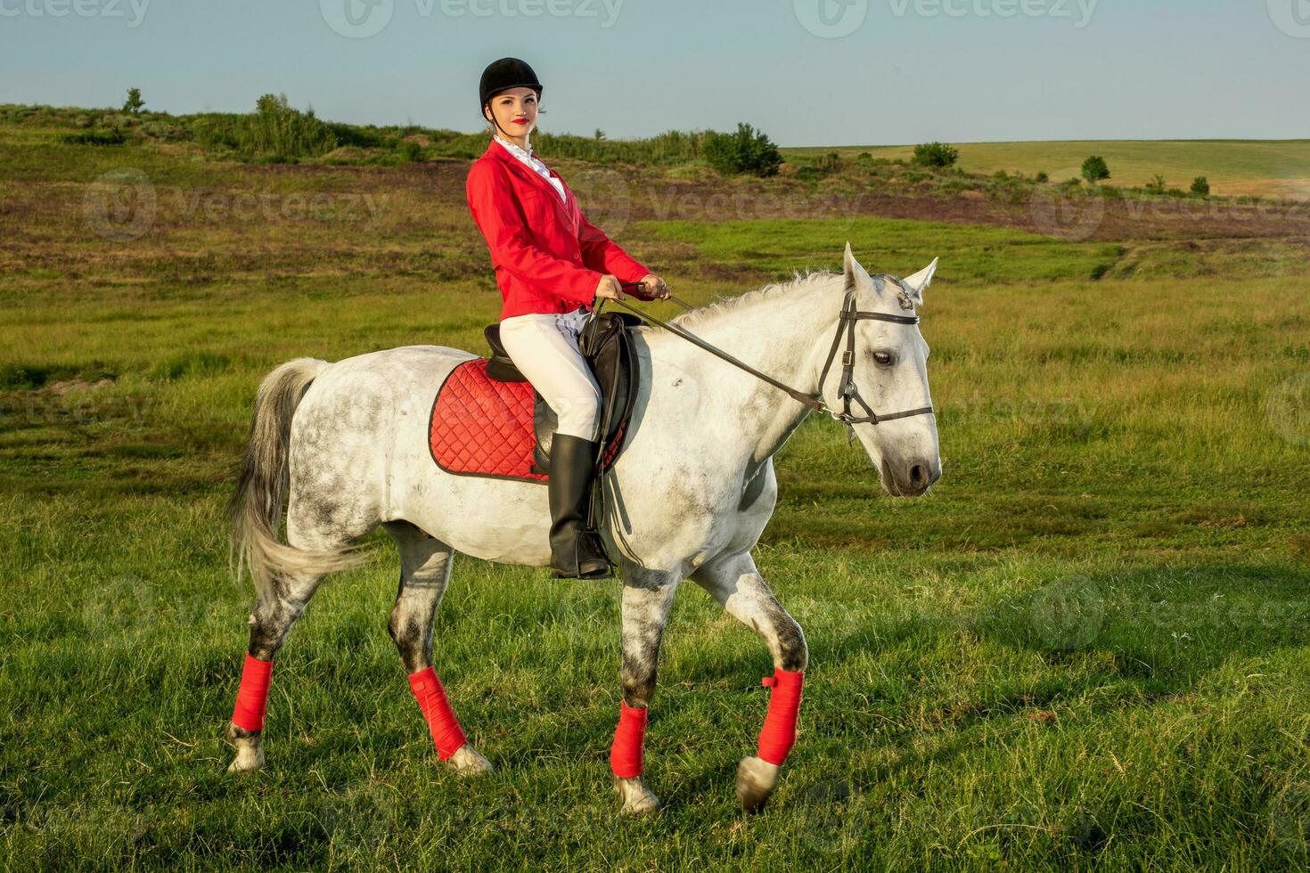 jovem mulher cavaleiro, vestindo vermelho redingote e branco calças, com dela cavalo dentro tarde pôr do sol claro. foto