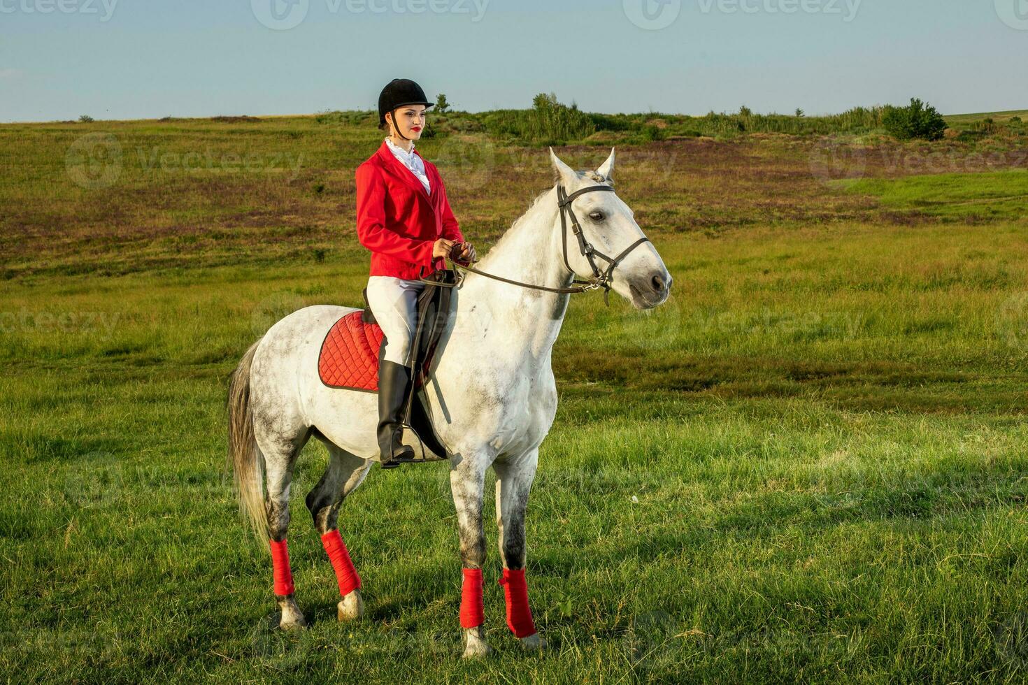 jovem mulher cavaleiro, vestindo vermelho redingote e branco calças, com dela cavalo dentro tarde pôr do sol claro. foto