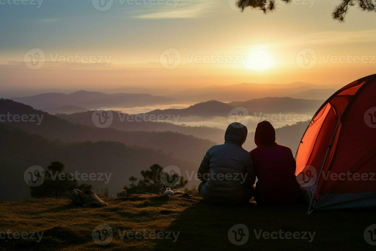 ai gerado aventureiro casal estima montanha Visão a partir de barraca durante acampamento foto