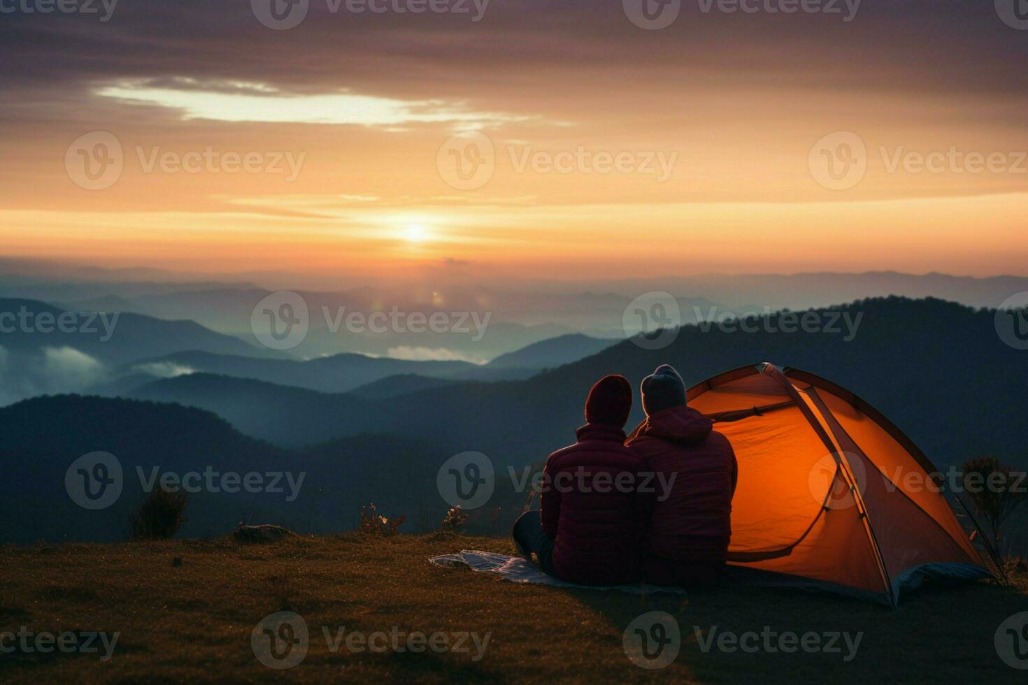 ai gerado aventureiro casal estima montanha Visão a partir de barraca durante acampamento foto