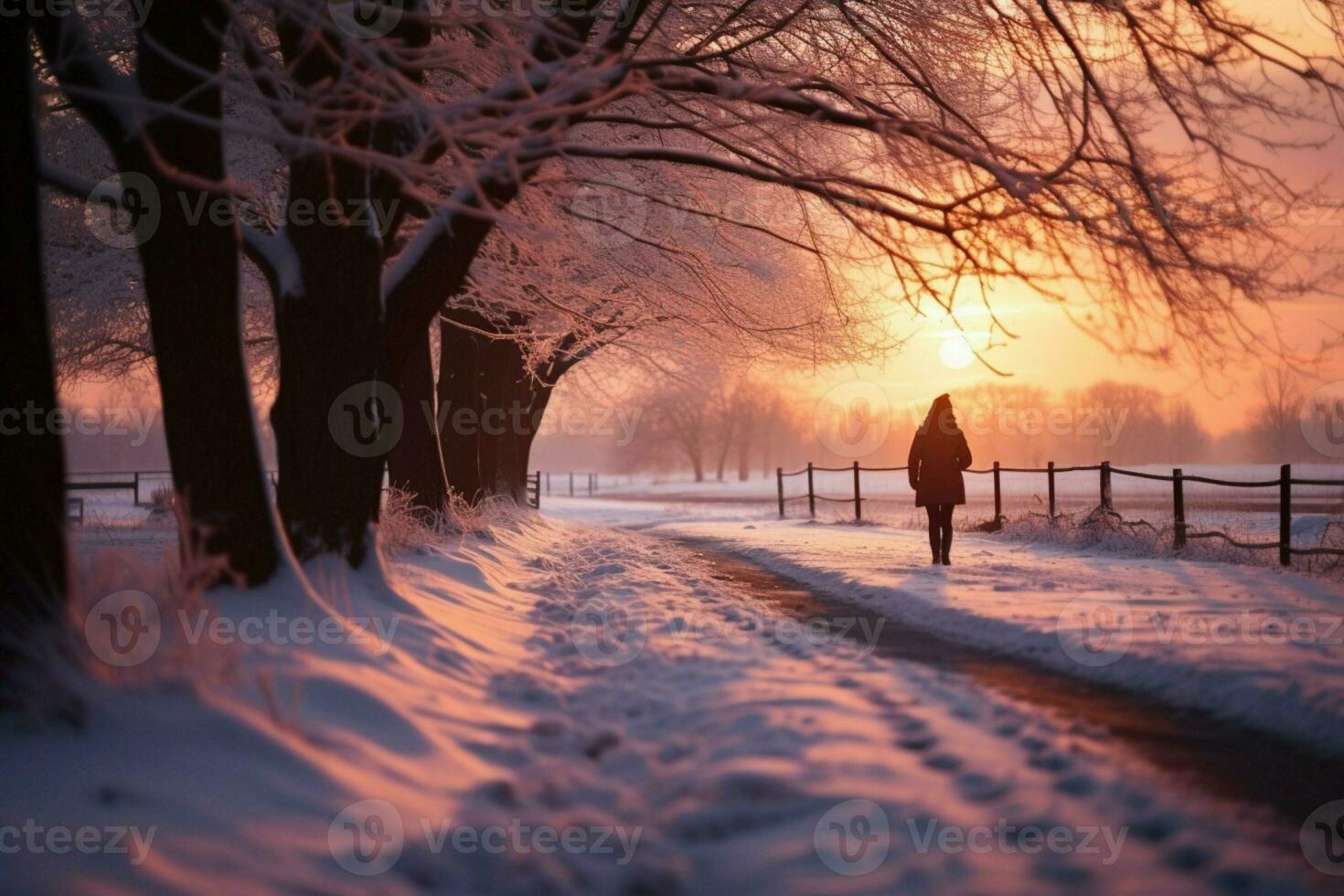 ai gerado Nevado crepúsculo pessoa passeios ao longo uma estrada às inverno pôr do sol foto