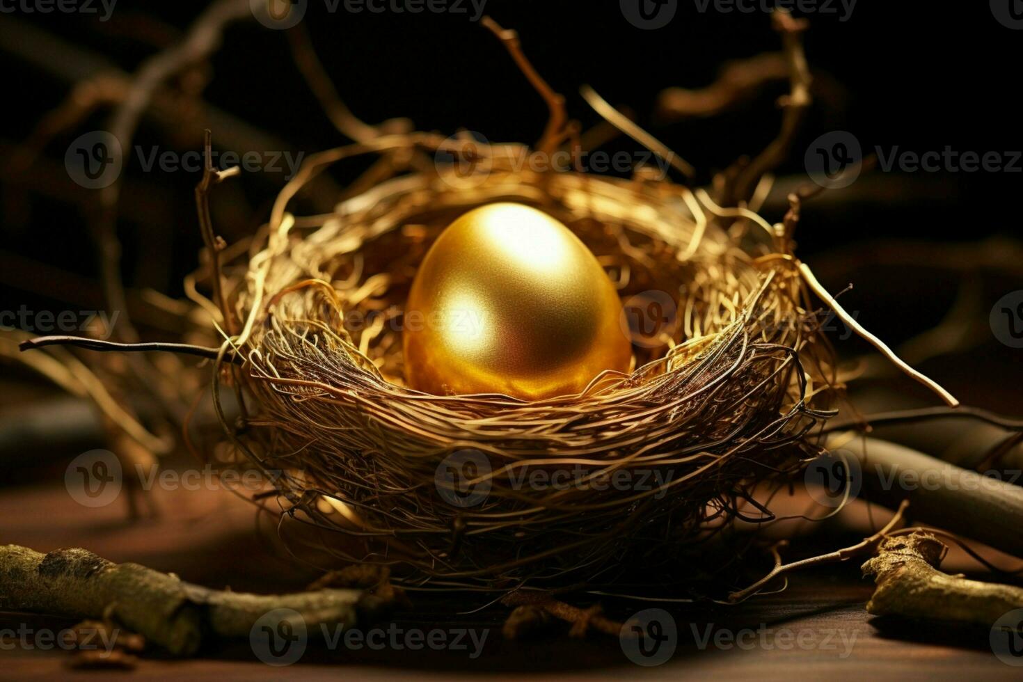 ai gerado naturezas Tesouro uma cintilante dourado ovo aninhado em meio a pássaro ninho galhos foto