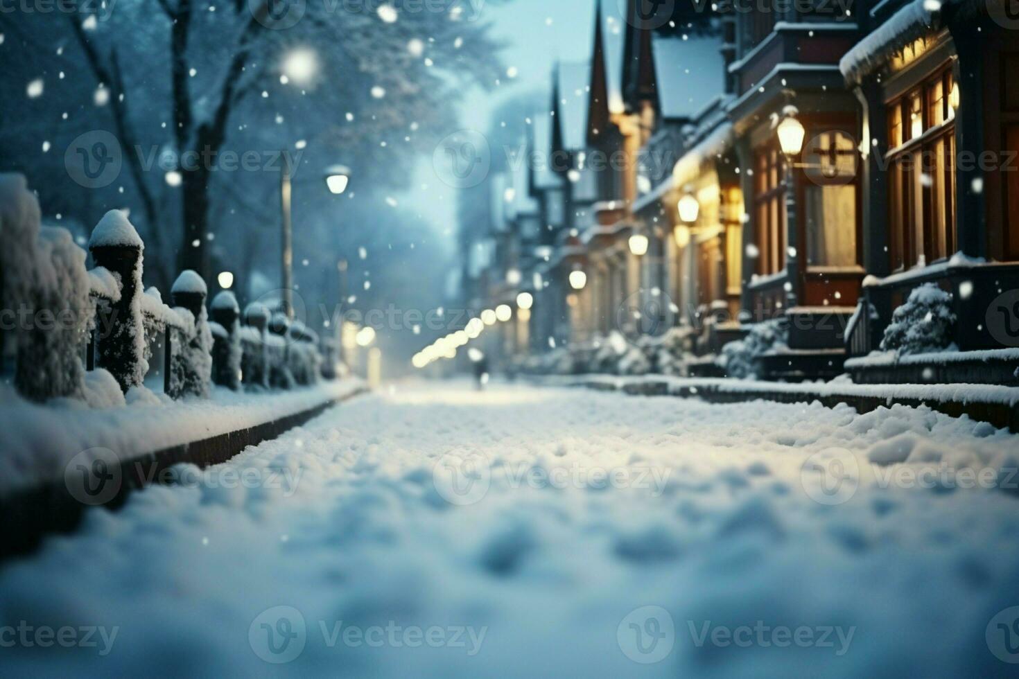 ai gerado □ Gentil queda de neve transforma a rua para dentro uma sereno inverno país das maravilhas foto