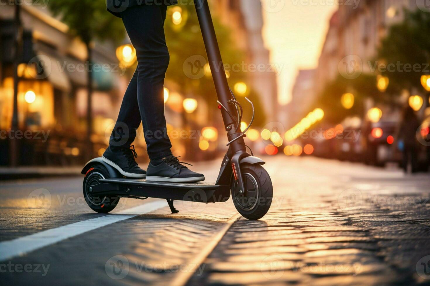 ai gerado cidade rua aventura pessoa fechos em elétrico lambreta, moderno pendulares foto