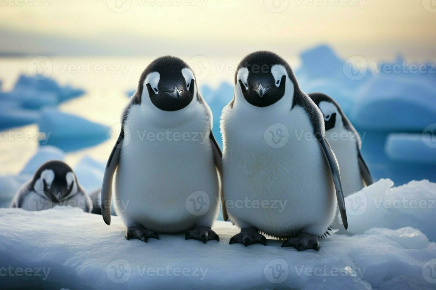 ai gerado ártico harmonia pinguins ficar de pé junto, Preto e branco penas brilhando foto