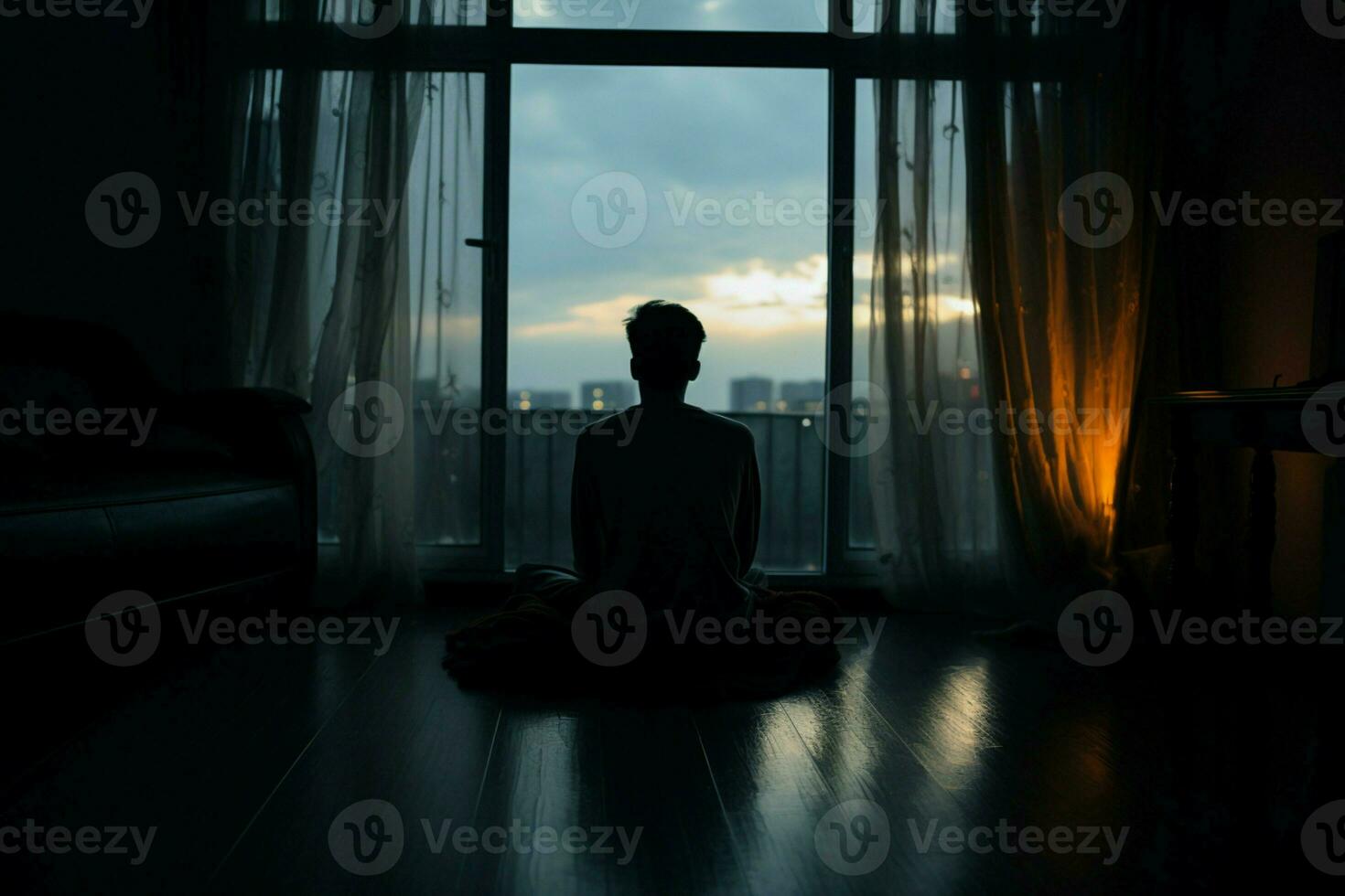 ai gerado recortado solidão homem sozinho, encarando às fechadas cortinas dentro quarto foto