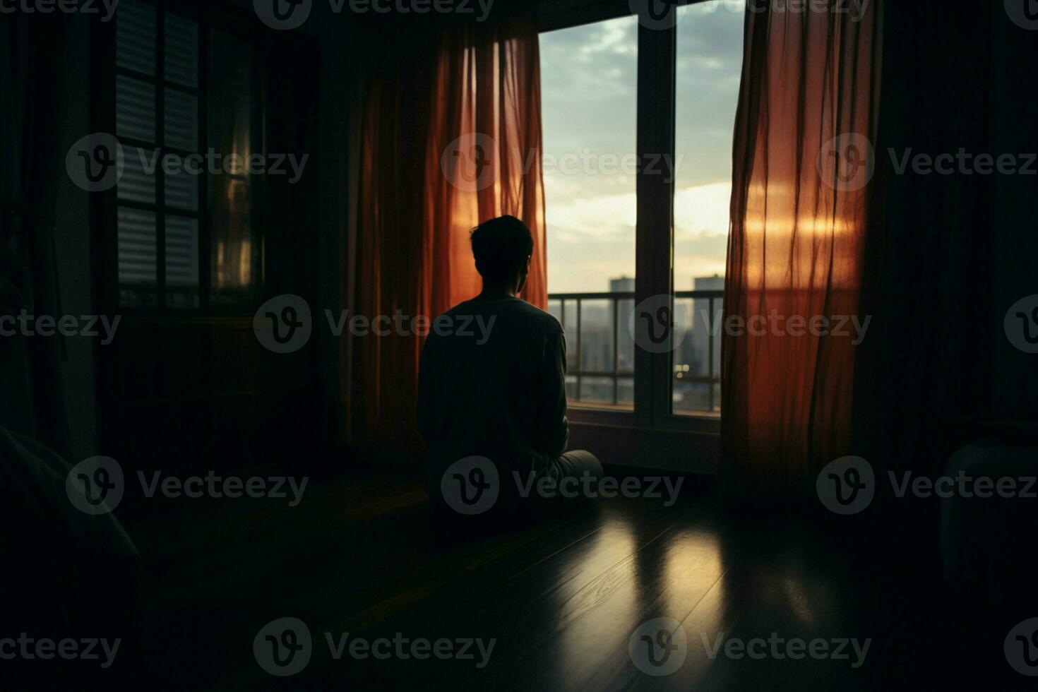 ai gerado recortado solidão homem sozinho, encarando às fechadas cortinas dentro quarto foto