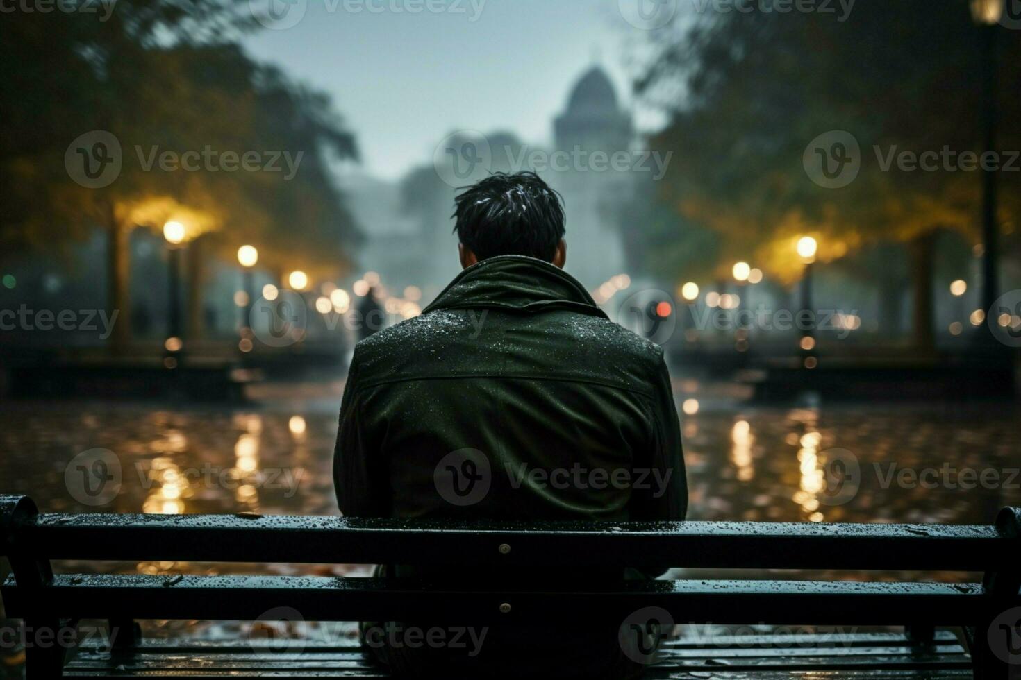 ai gerado cidade chuva contemplação pessoa em uma Banco absorve a molhado ambiente foto