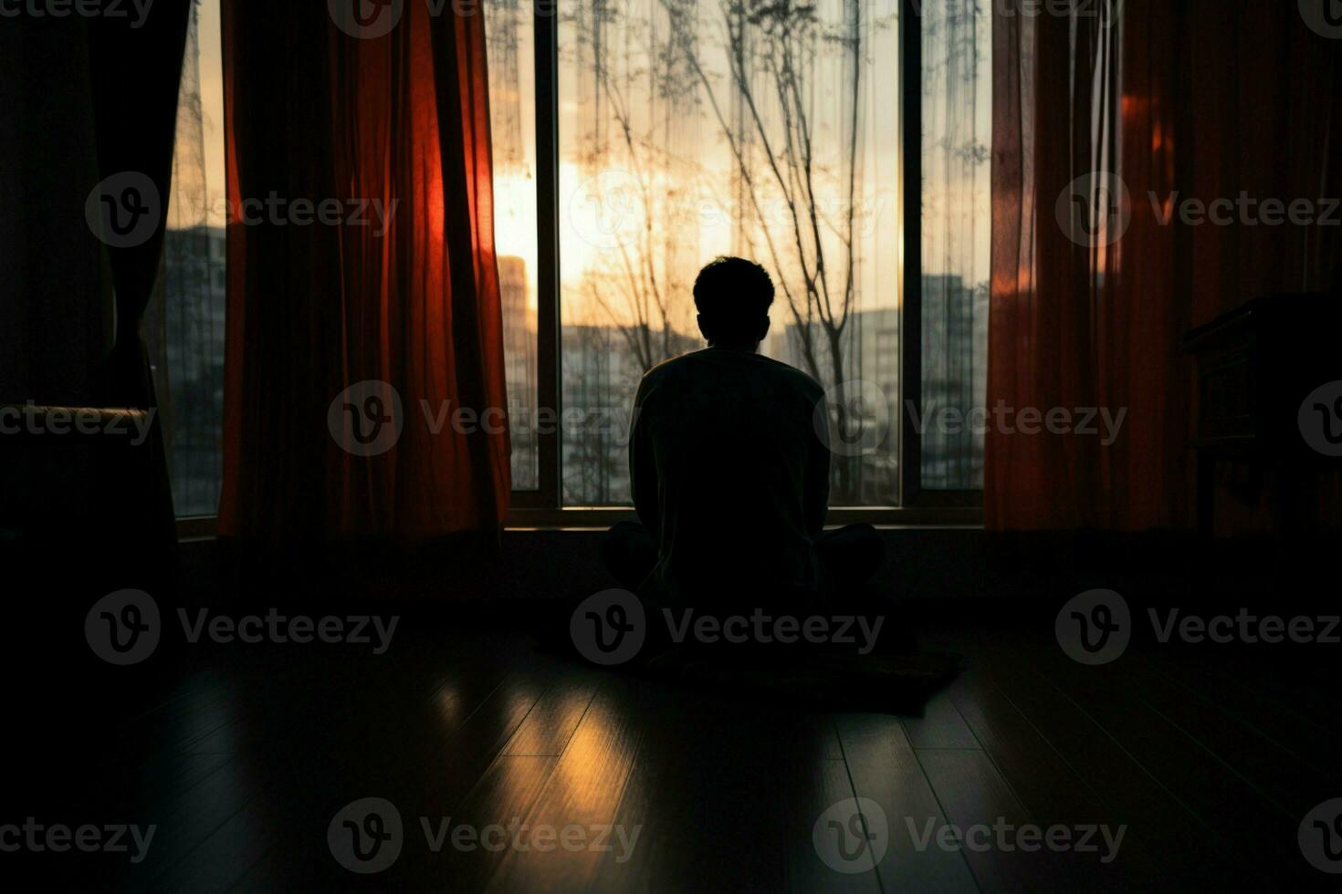 ai gerado quarto solidão uma solitário homem silhueta contempla fechadas janela cortinas foto