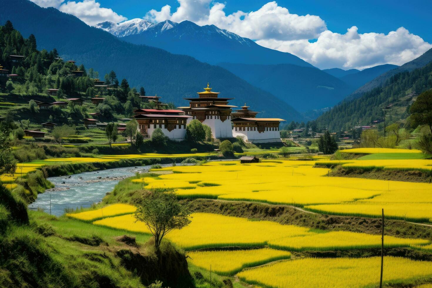 ai gerado budista mosteiro dentro Yunnan, China. Yunnan é uma unesco mundo herança site, Butão, tashichho dzong dentro Thimphu, cercado de amarelo arroz Campos, uma rio, e montanhas, ai gerado foto