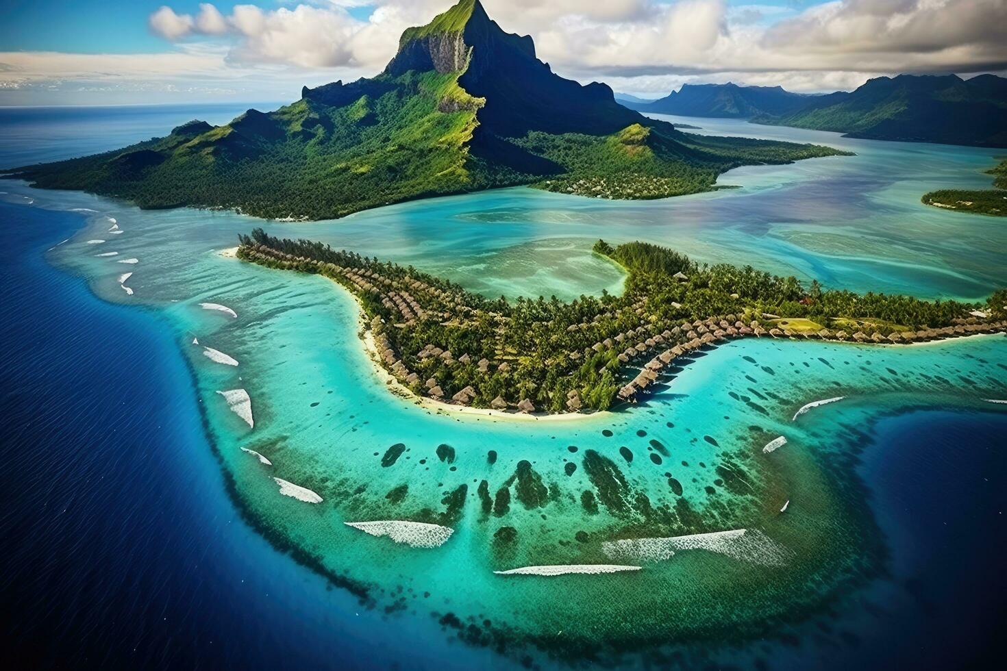 ai gerado aéreo Visão do uma tropical ilha dentro a indiano oceano, maurício, bora bora aéreo visualizar, Taiti, francês Polinésia, ai gerado foto