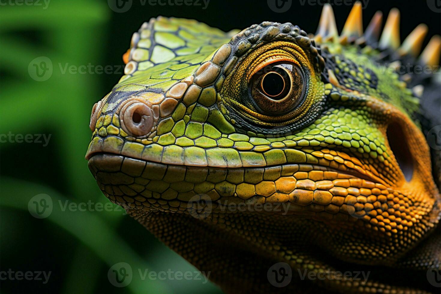 ai gerado naturezas maravilha fechar acima do uma réptil em uma árvore ramo foto