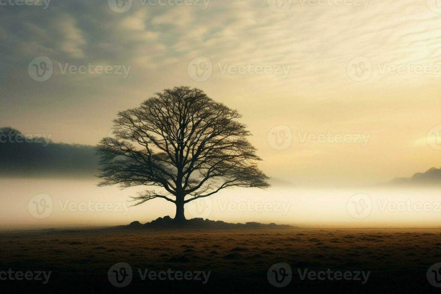 ai gerado solitário árvore surge a partir de névoa, uma majestoso figura dentro aberto campo foto