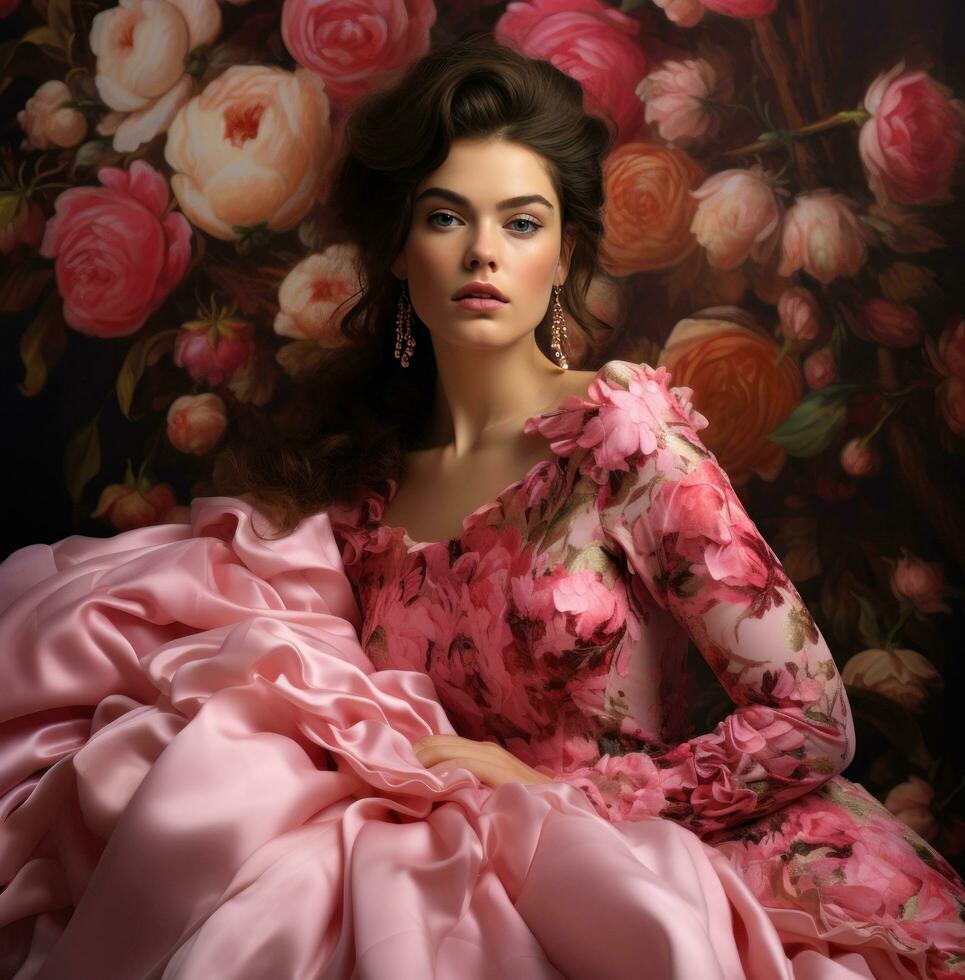 ai gerado uma mulher dentro uma vestir com uma Rosa floral padrão, foto