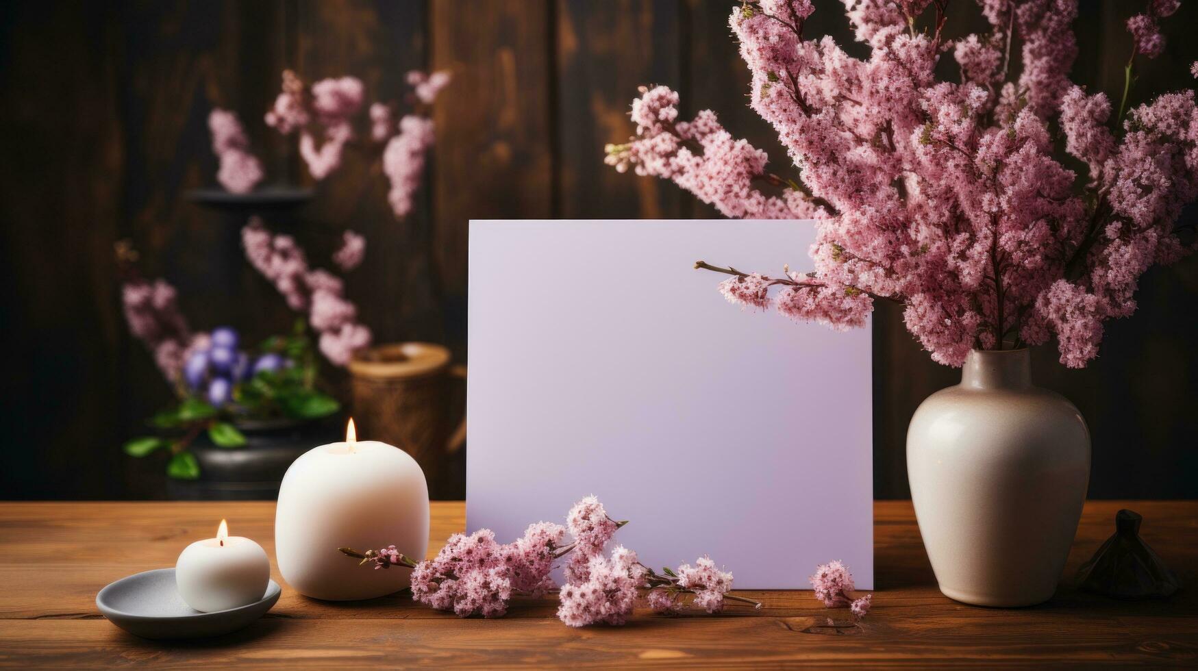 ai gerado branco cumprimento cartão com em branco frente, realista em uma brincar modelo dentro uma de madeira mesa dentro uma Natal luxo fundo dentro casa dentro, foto